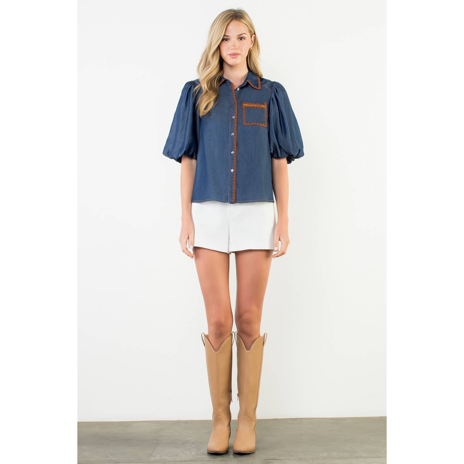 Puff Sleeve Denim Button Up Top