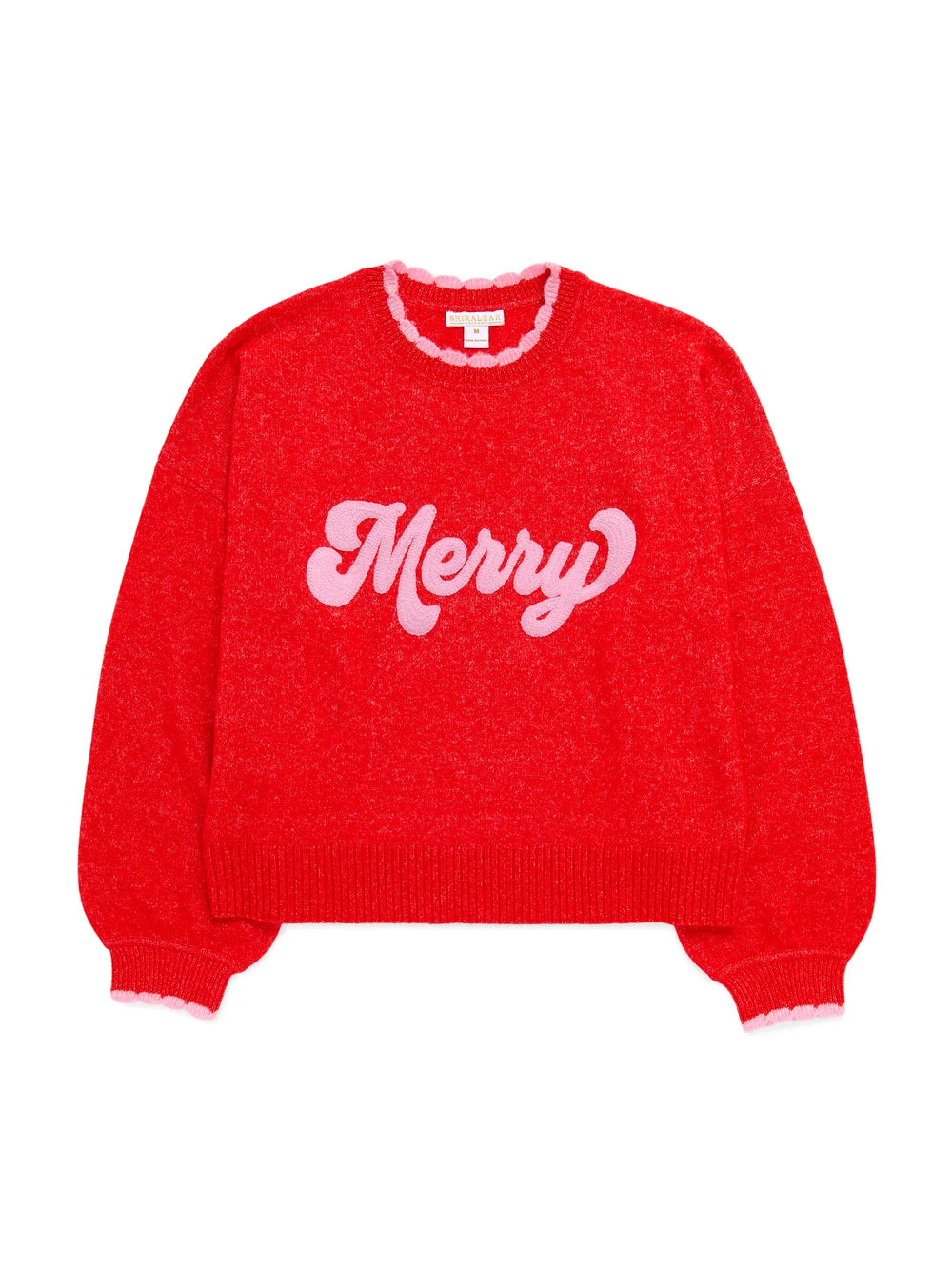 "MERRY" SCALLOP TRIM RELAXED SWEATERS,RED
