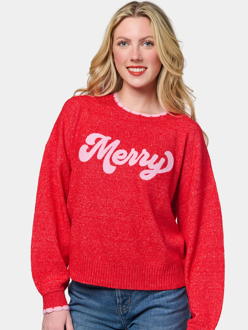 "MERRY" SCALLOP TRIM RELAXED SWEATERS,RED