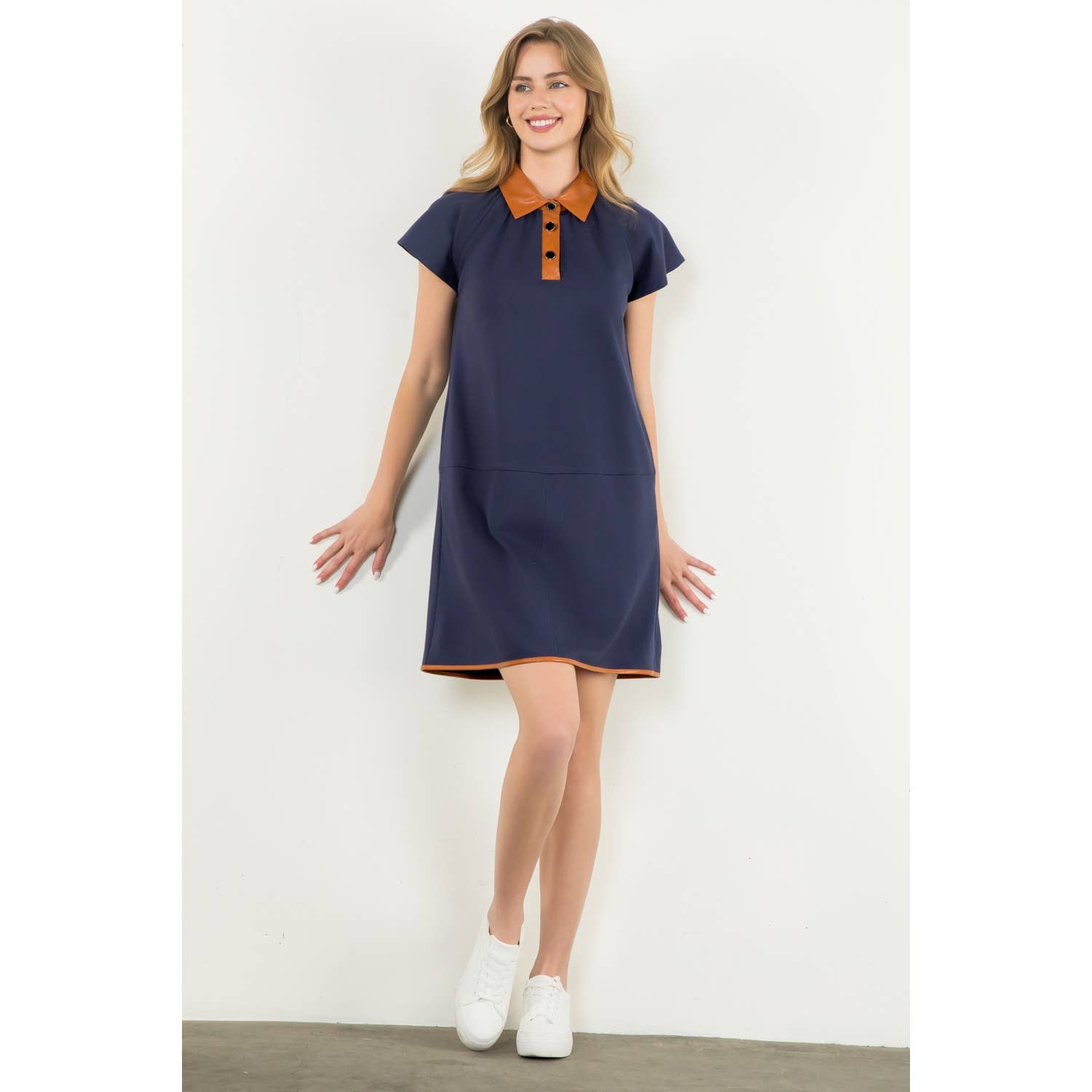 Collared Short Sleeve Midi Dress