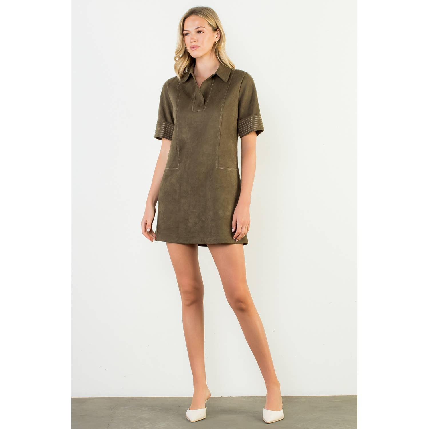 Short Sleeve Collared Suede Dress