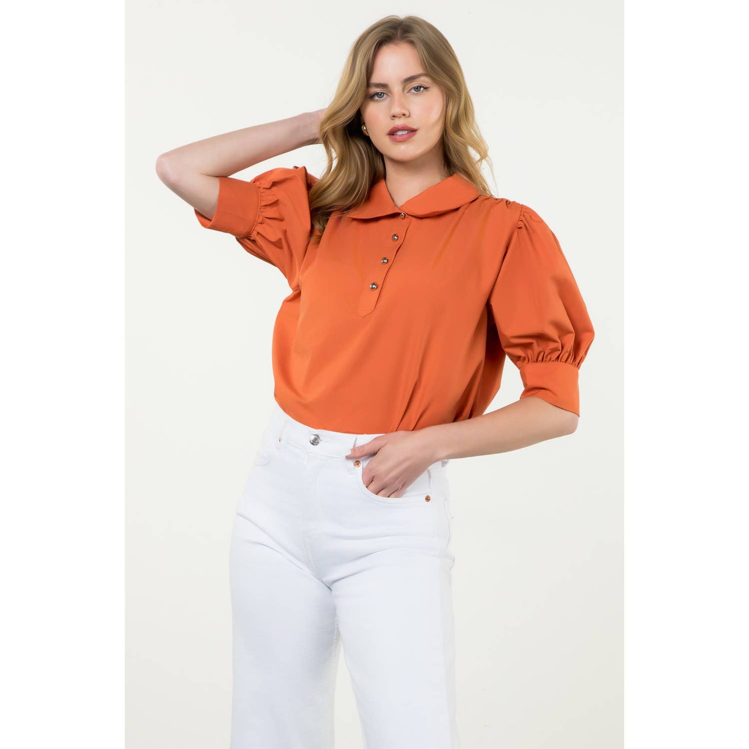 Puff Sleeve Collared Button Top
