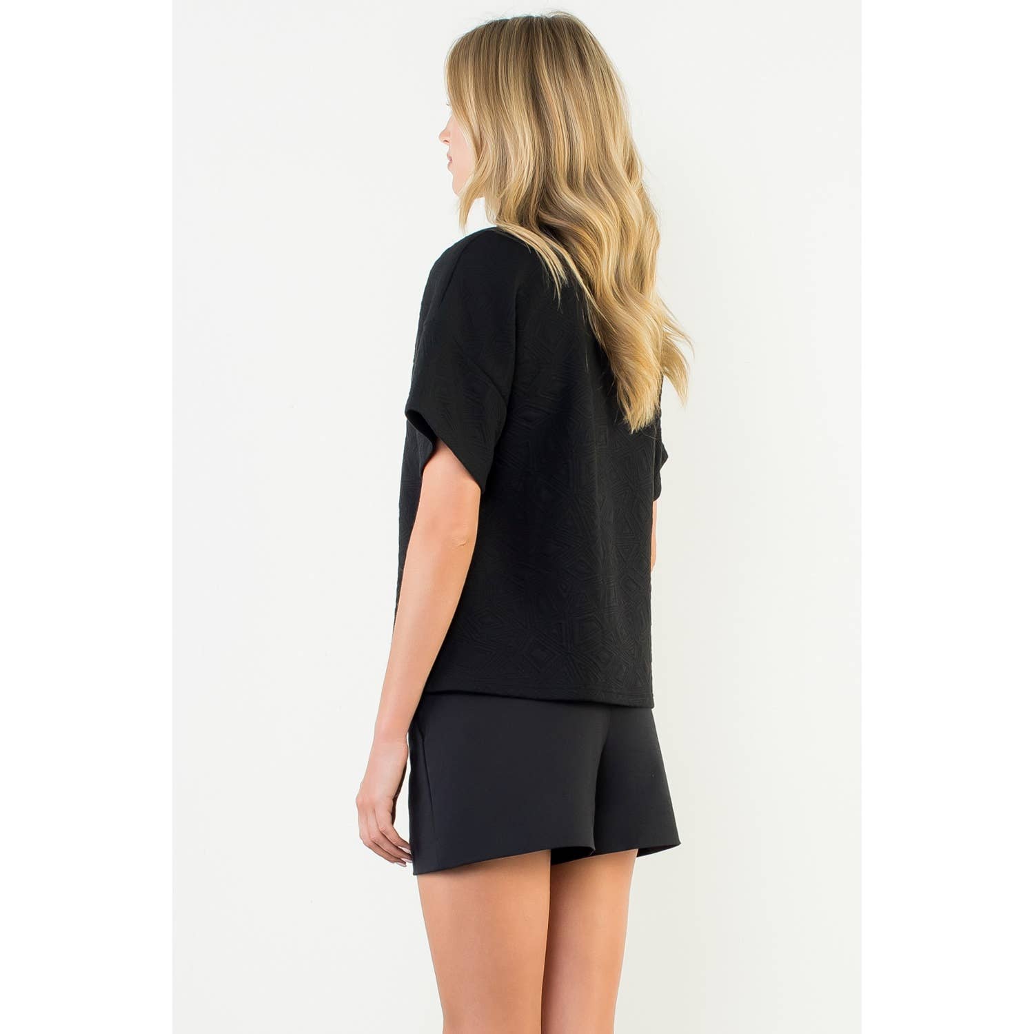 Contrast V-Neck Textured Short Sleeve Top