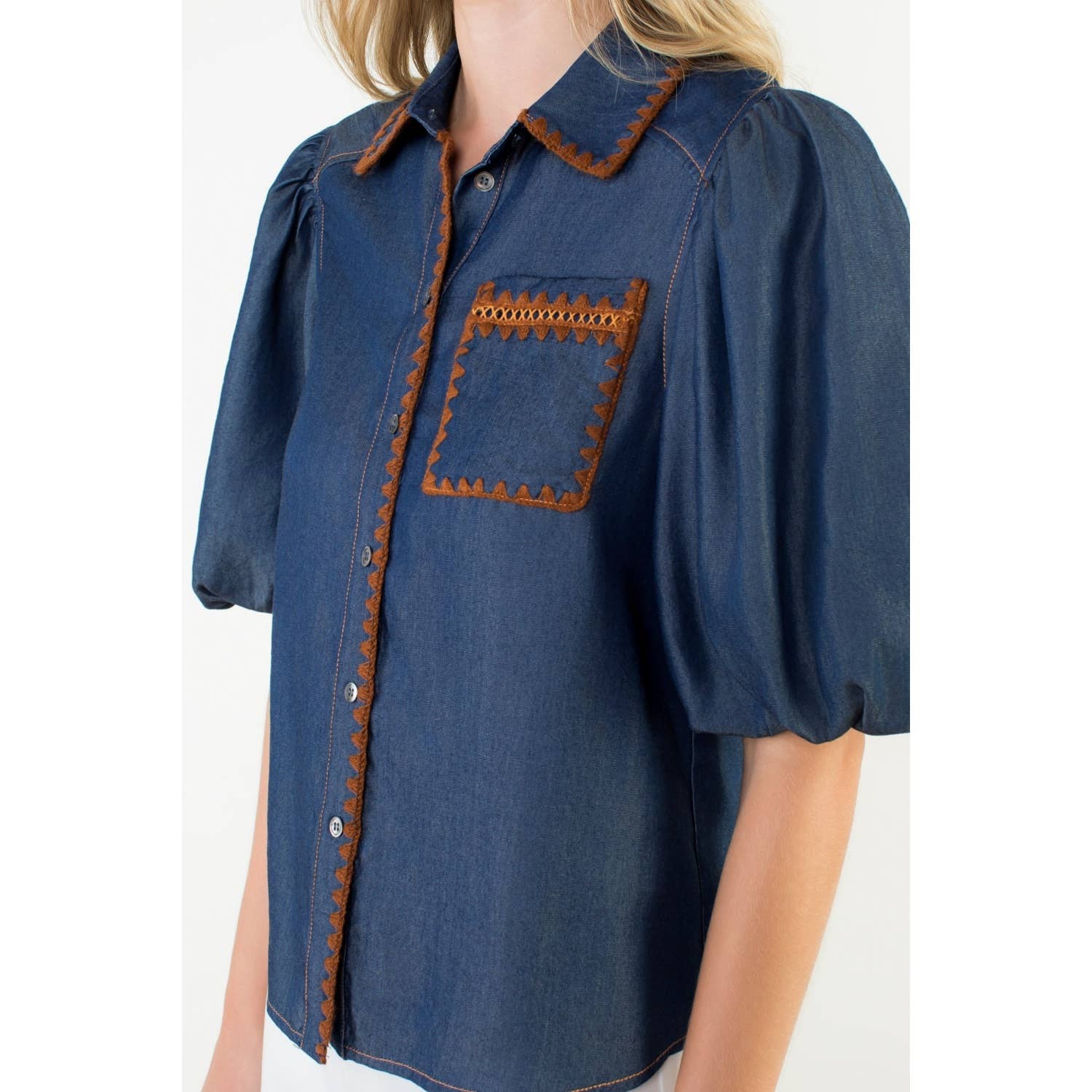 Puff Sleeve Denim Button Up Top