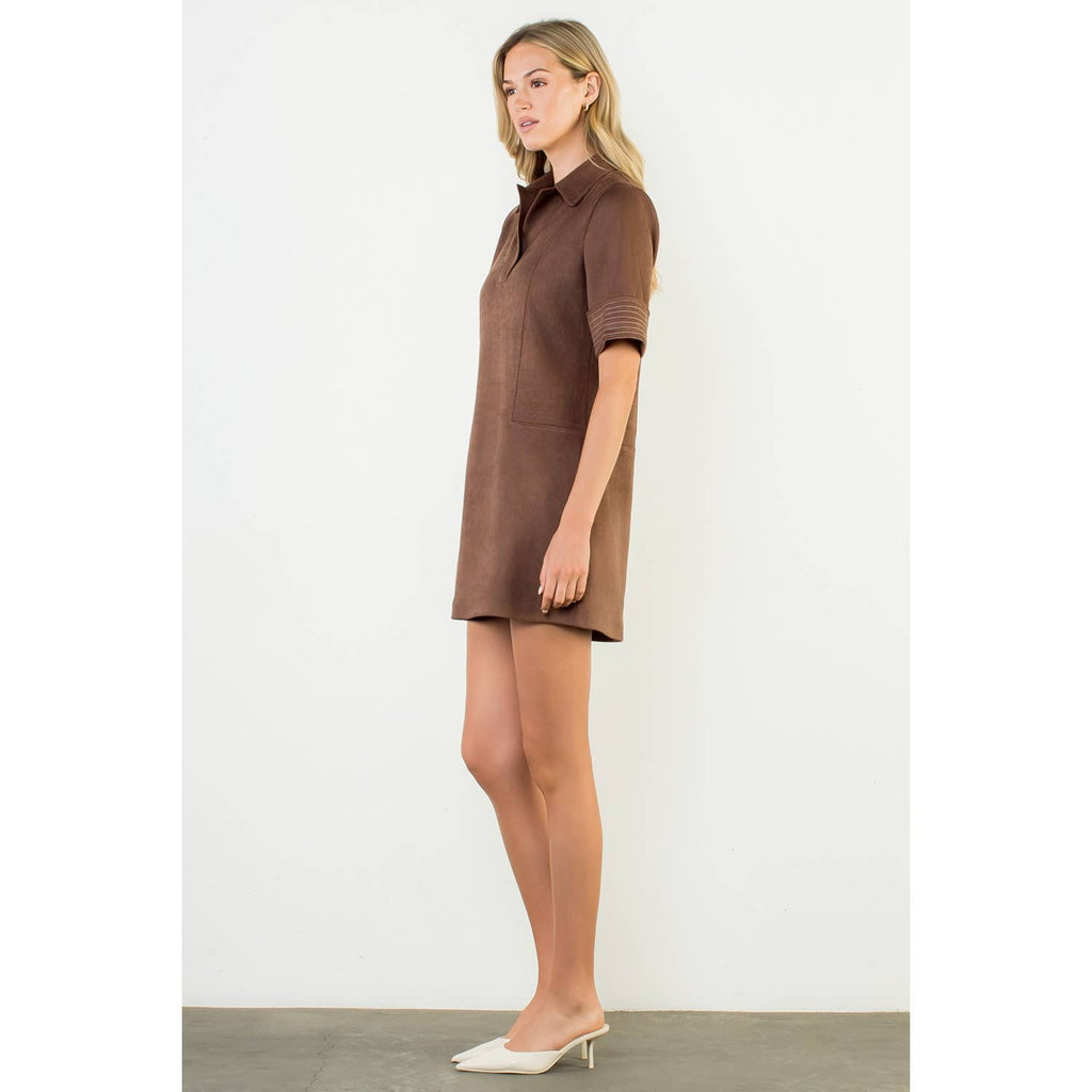 Short Sleeve Collared Suede Dress