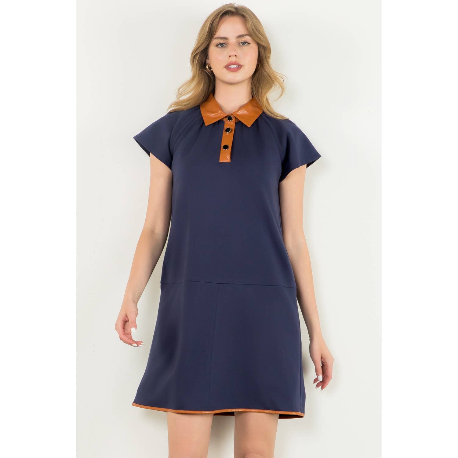 Collared Short Sleeve Midi Dress