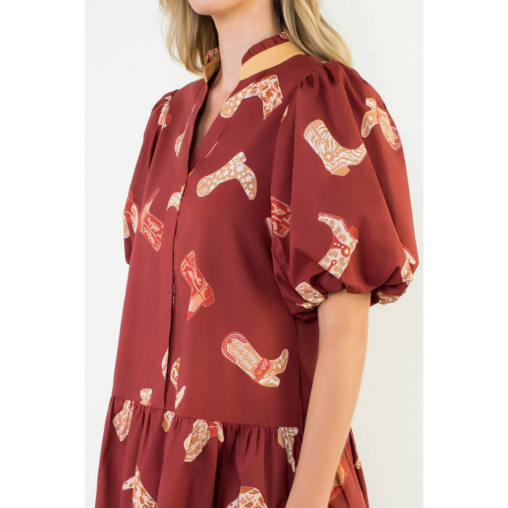 Puff Sleeve Boots Print Dress: BURGUNDY