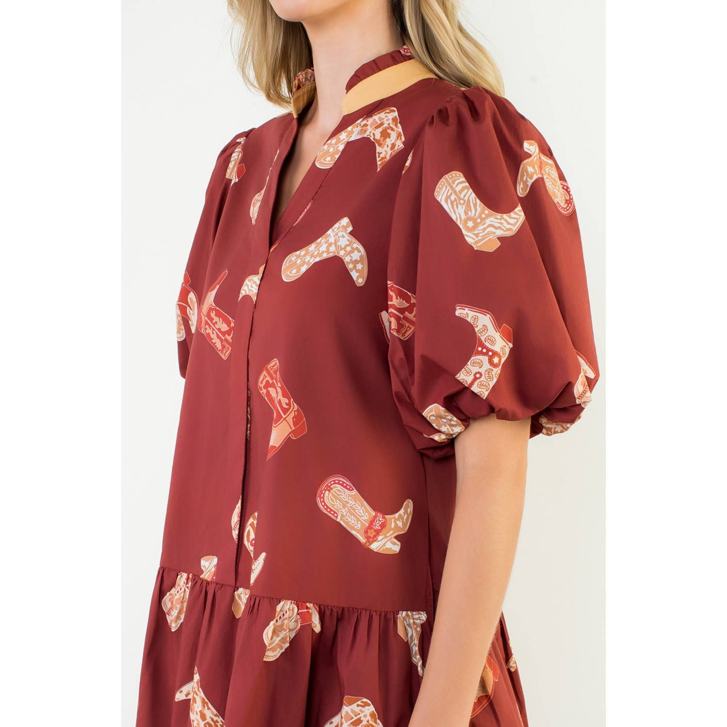 Puff Sleeve Boots Print Dress: BURGUNDY