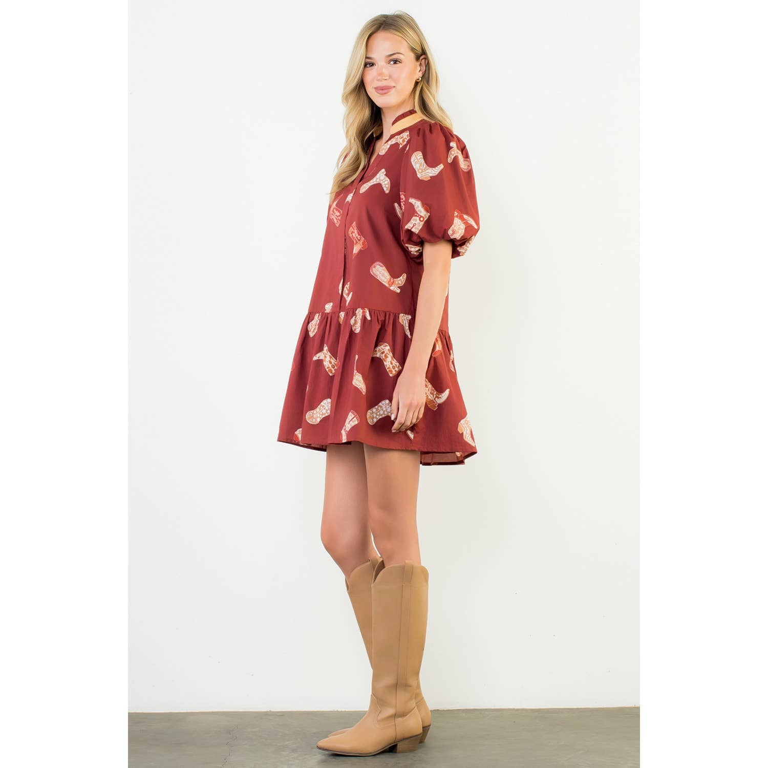 Puff Sleeve Boots Print Dress: BURGUNDY
