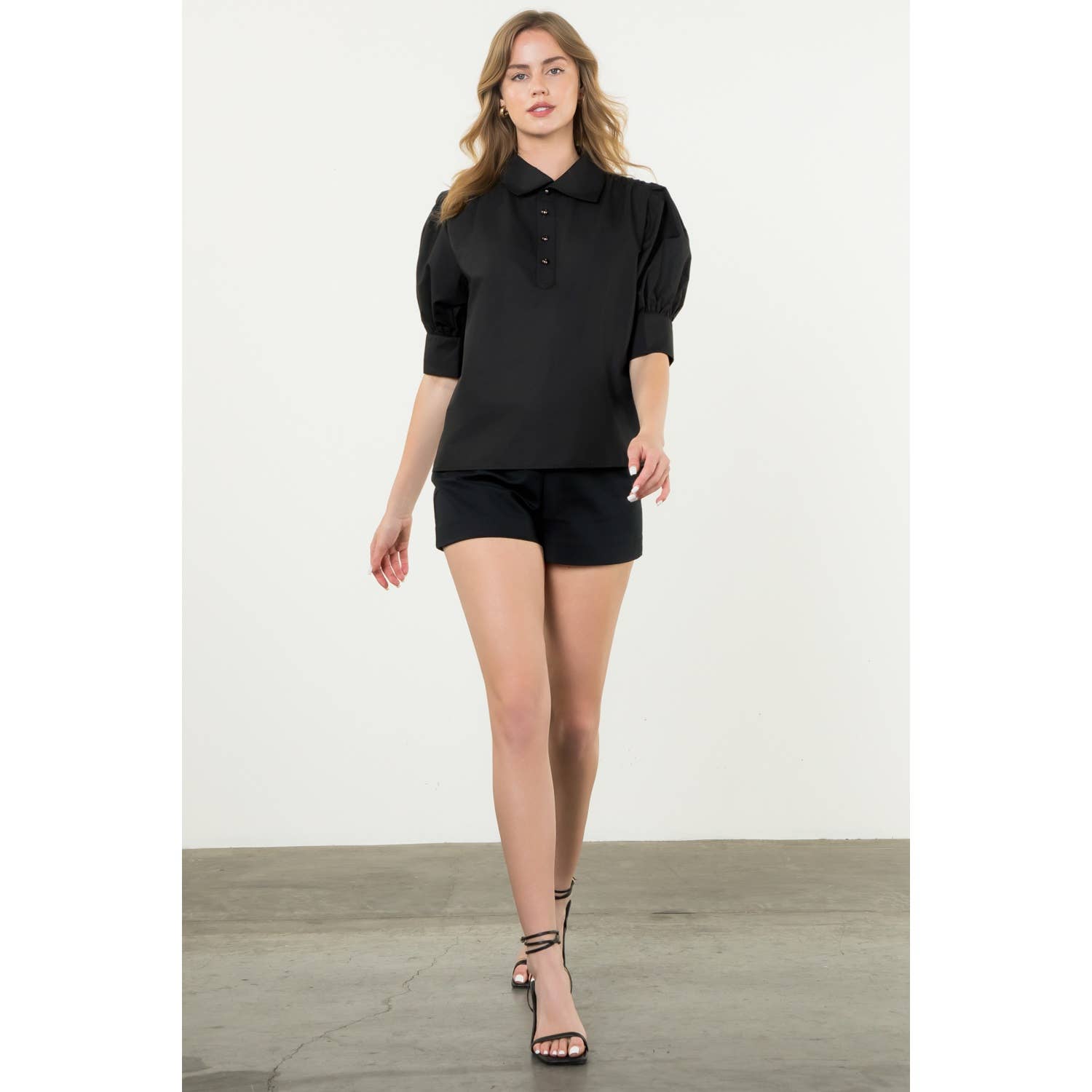 Puff Sleeve Collared Button Top