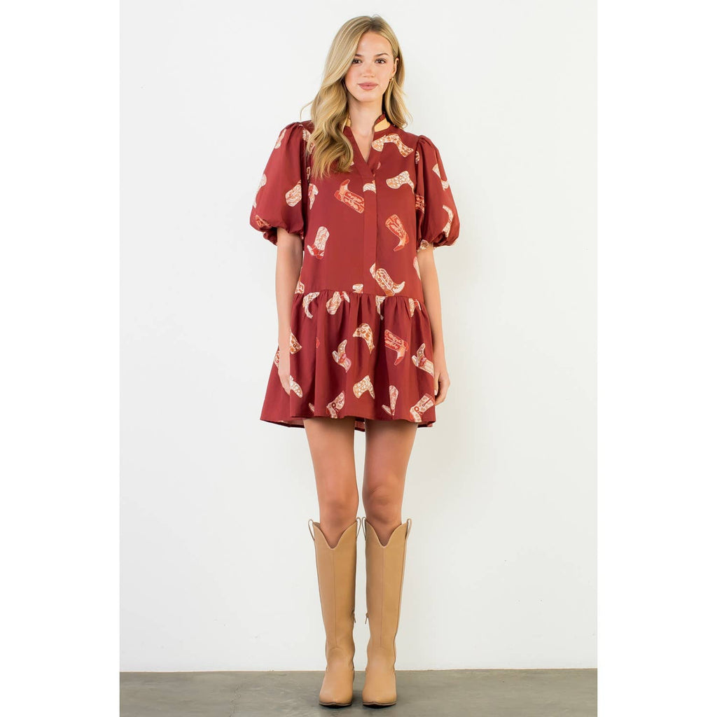 Puff Sleeve Boots Print Dress: BURGUNDY