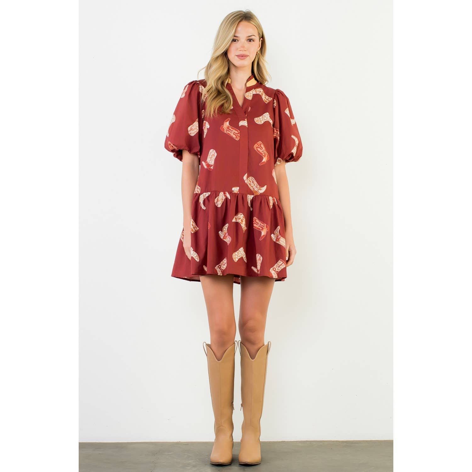 Puff Sleeve Boots Print Dress: BURGUNDY