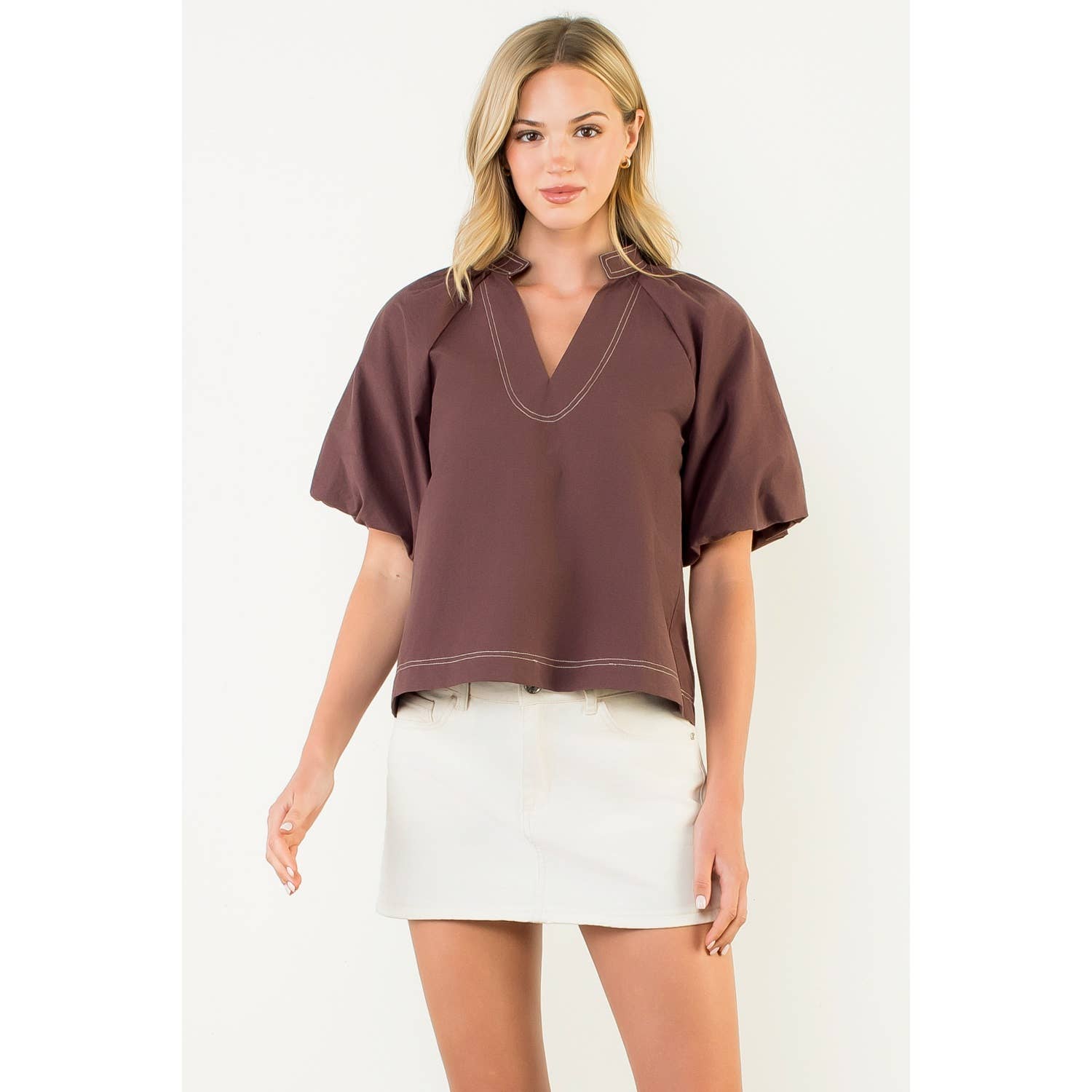 Contrast Stitch Puff Sleeve V-Neck Top