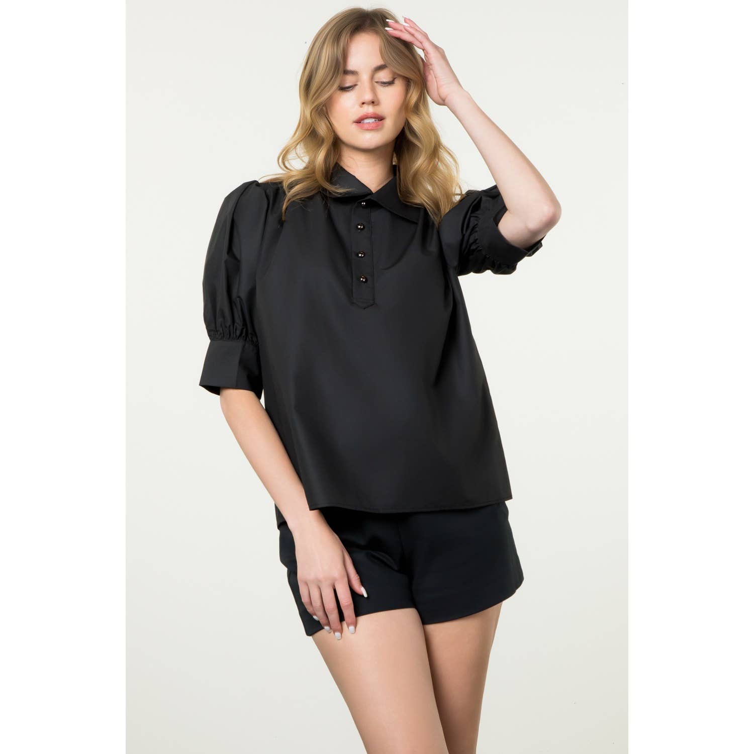 Puff Sleeve Collared Button Top