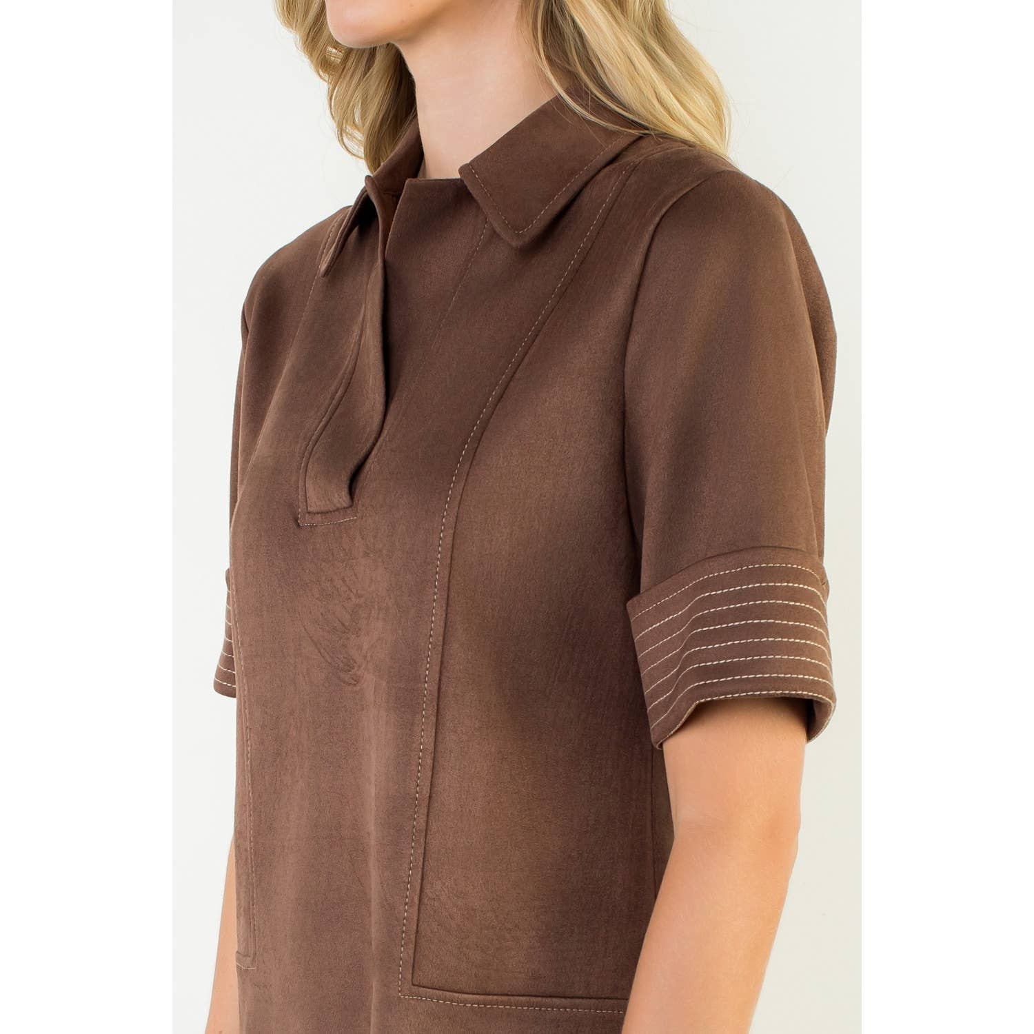 Short Sleeve Collared Suede Dress