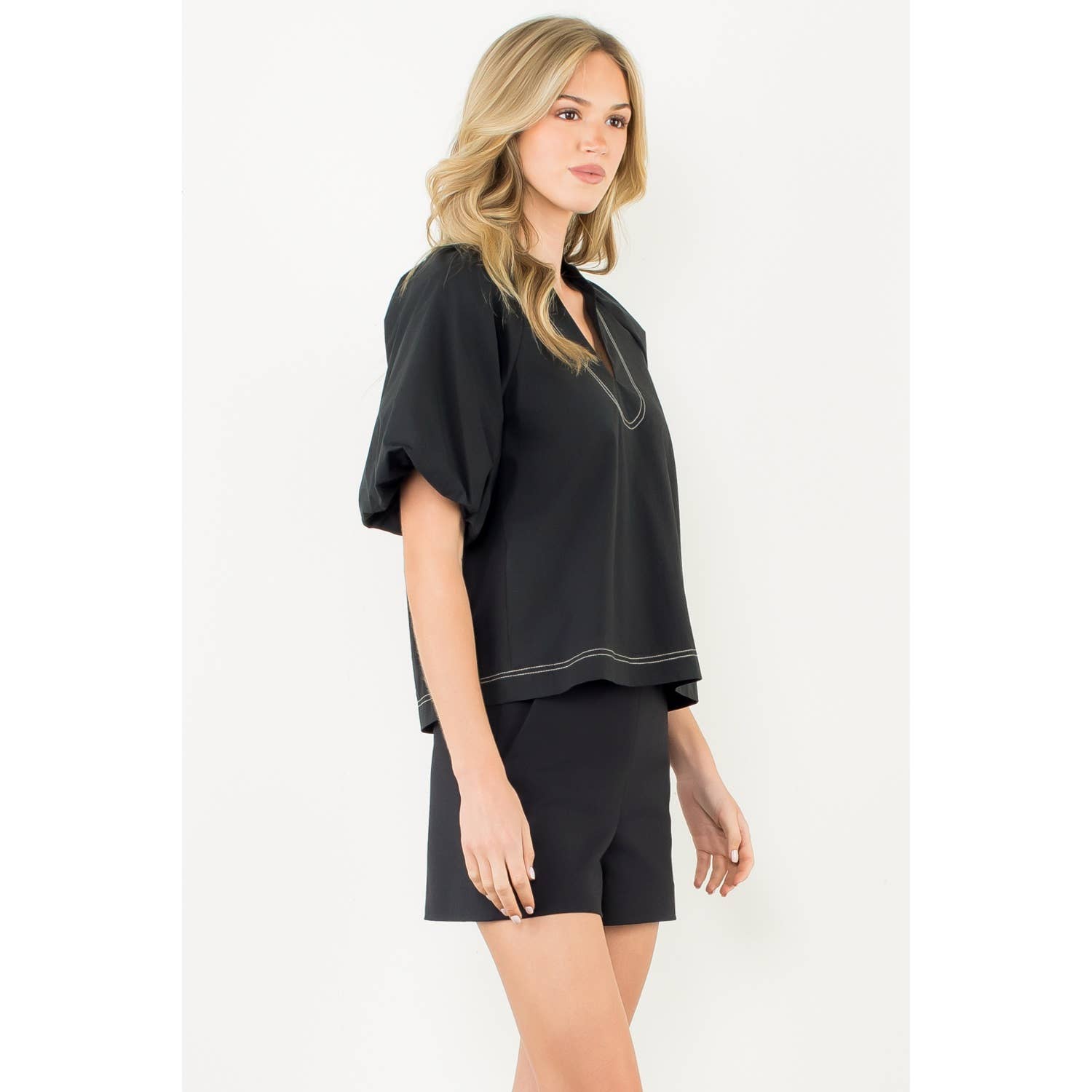 Contrast Stitch Puff Sleeve V-Neck Top
