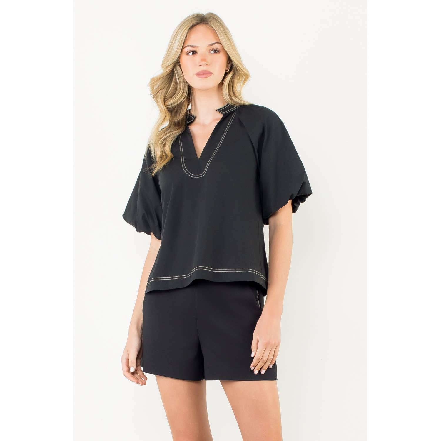 Contrast Stitch Puff Sleeve V-Neck Top