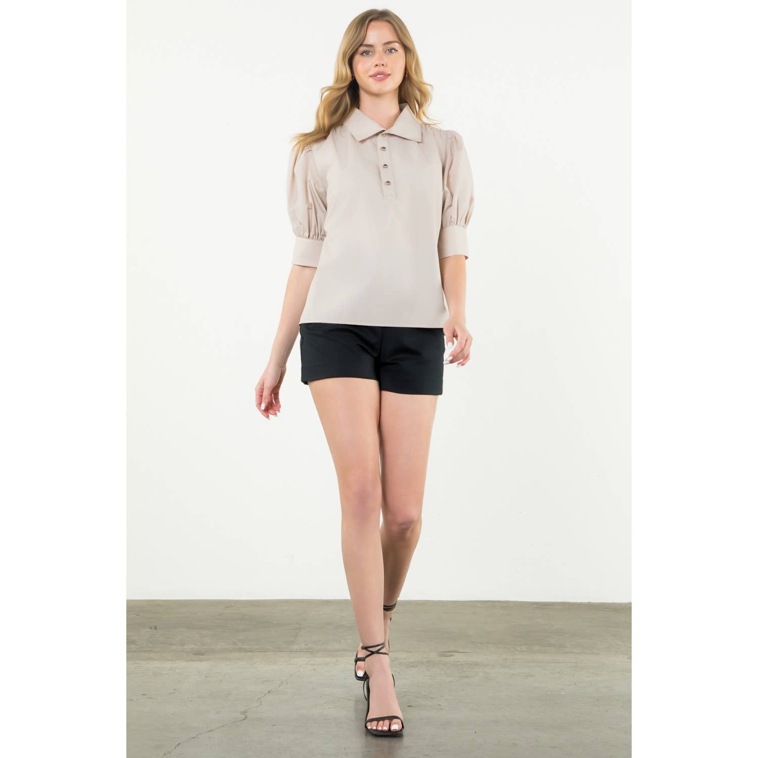 Puff Sleeve Collared Button Top