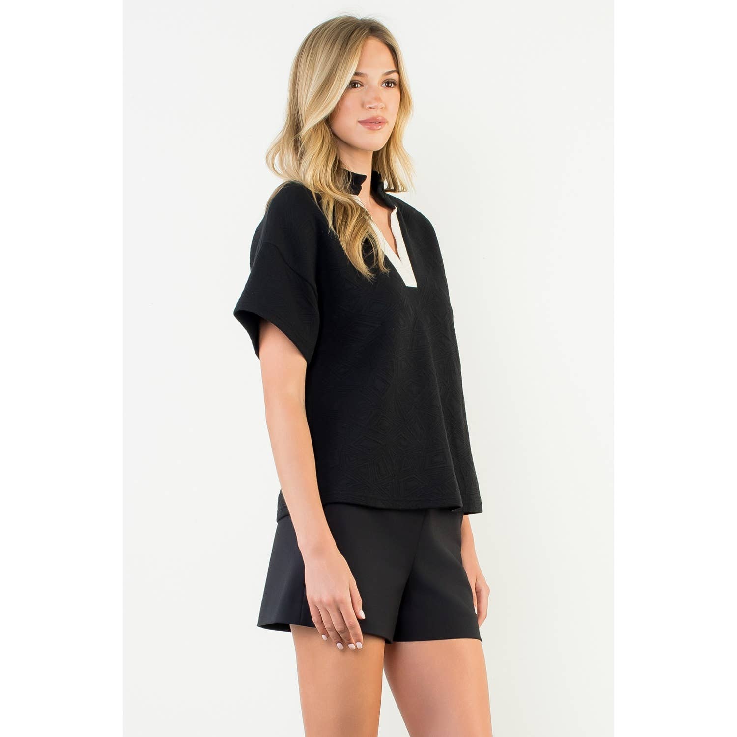 Contrast V-Neck Textured Short Sleeve Top