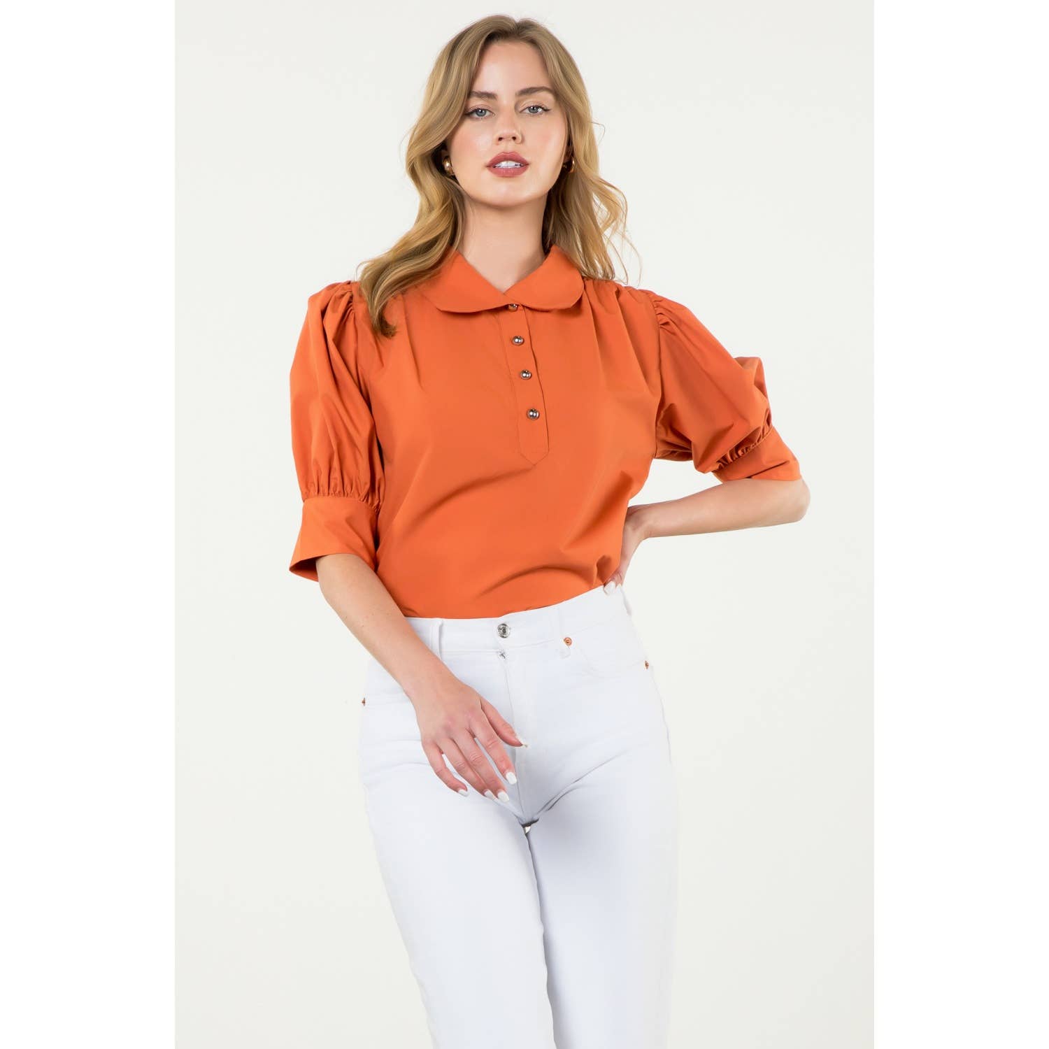 Puff Sleeve Collared Button Top