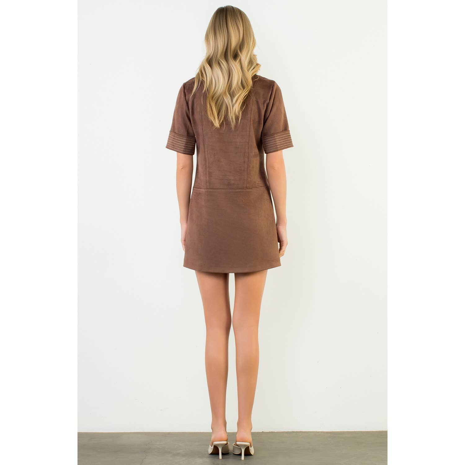 Short Sleeve Collared Suede Dress
