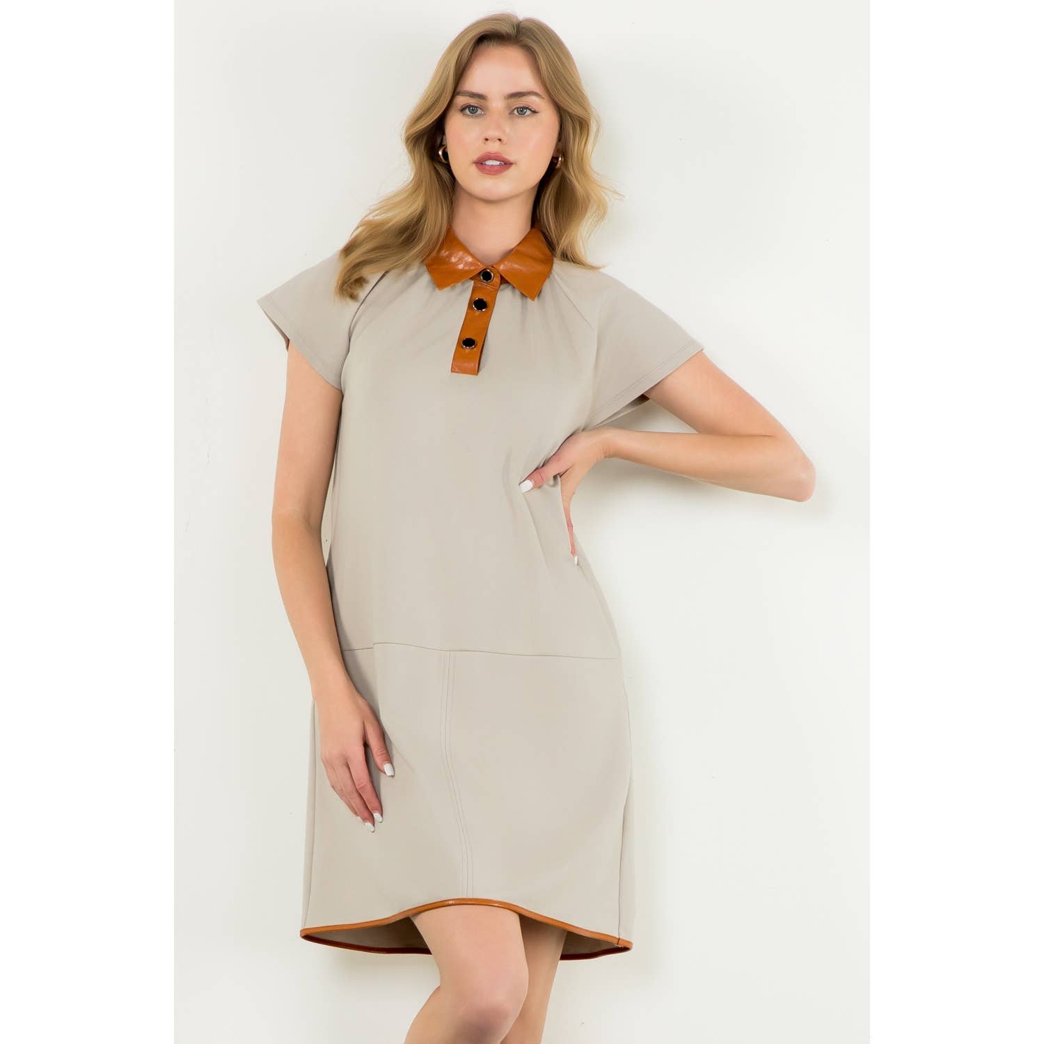 Collared Short Sleeve Midi Dress