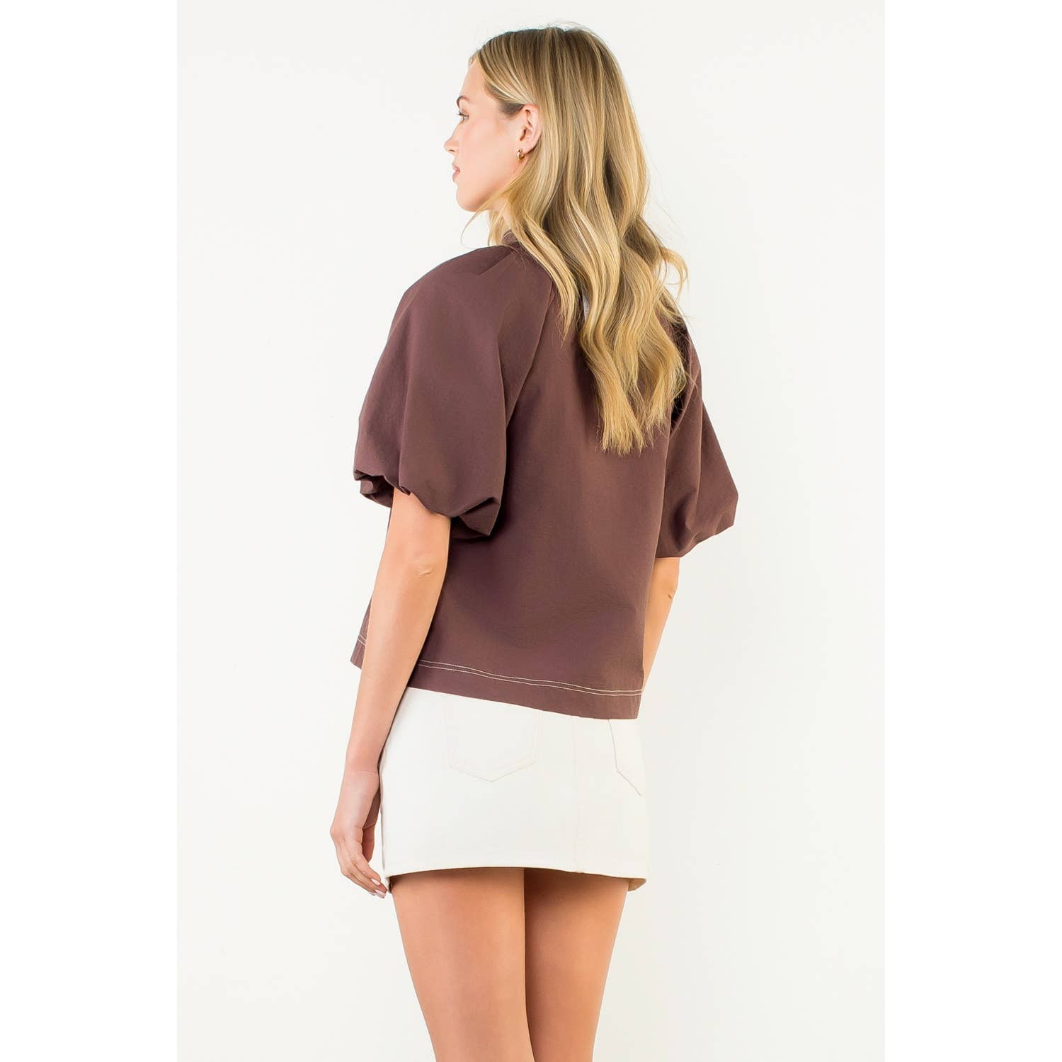 Contrast Stitch Puff Sleeve V-Neck Top