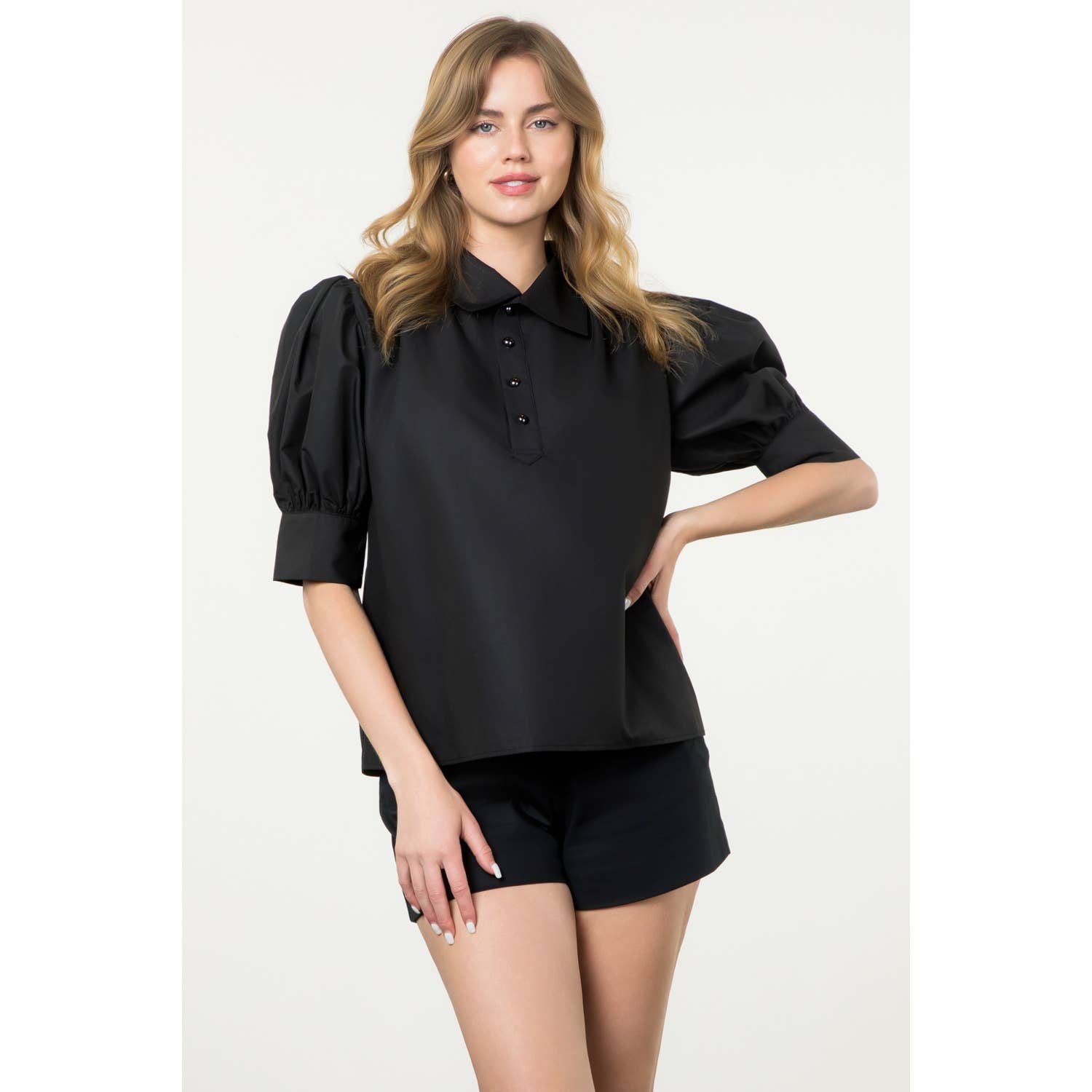 Puff Sleeve Collared Button Top