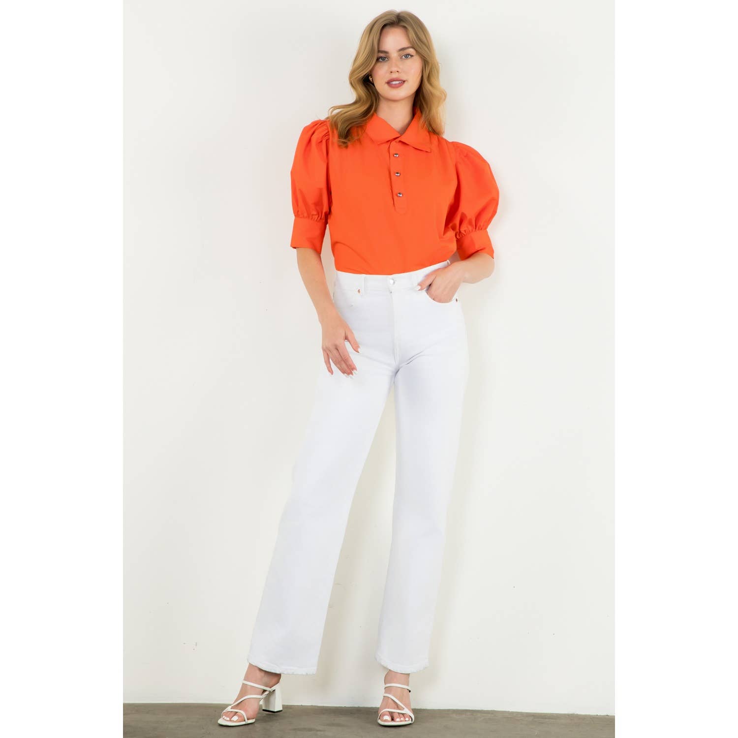 Puff Sleeve Collared Button Top