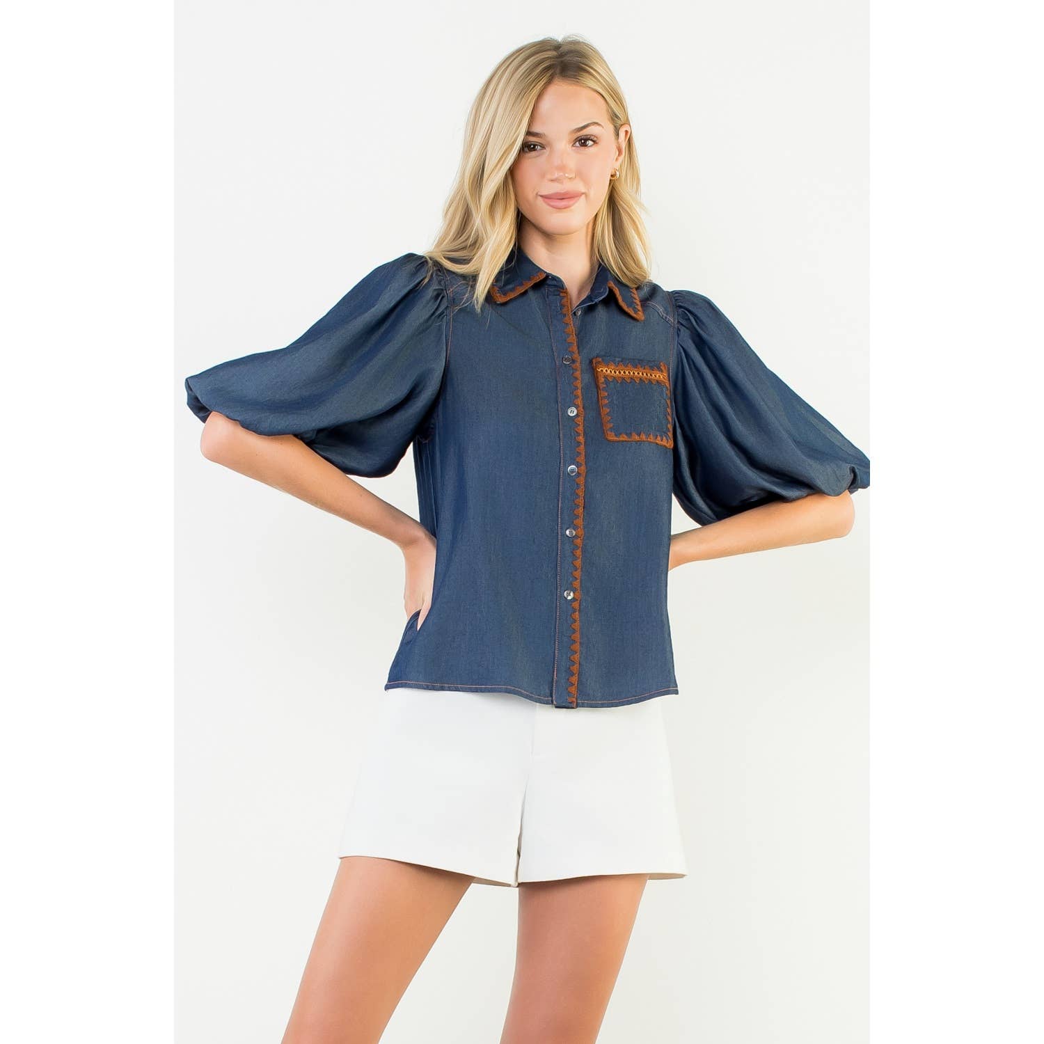 Puff Sleeve Denim Button Up Top