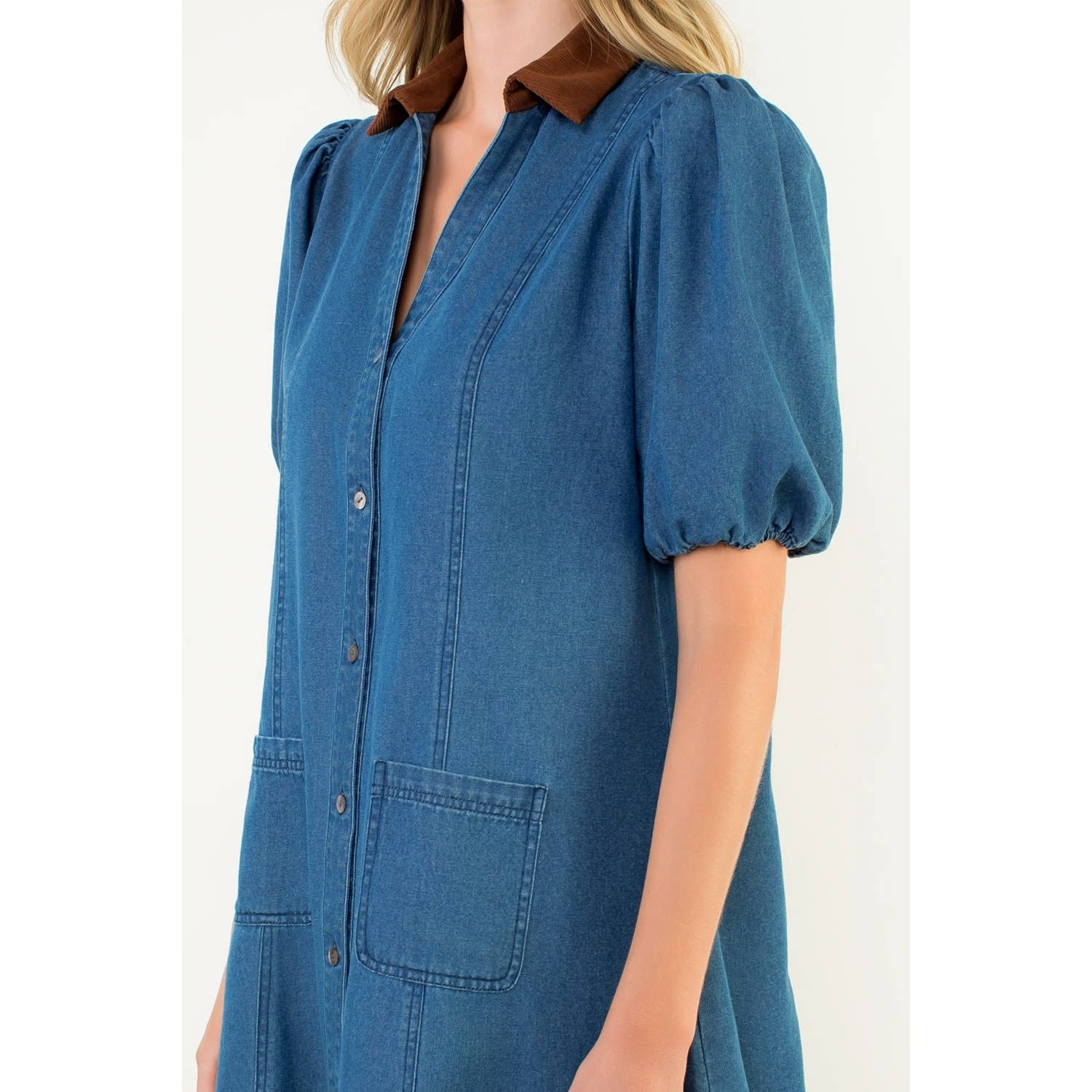 Contrast Collar Puff Sleeve Denim Dress