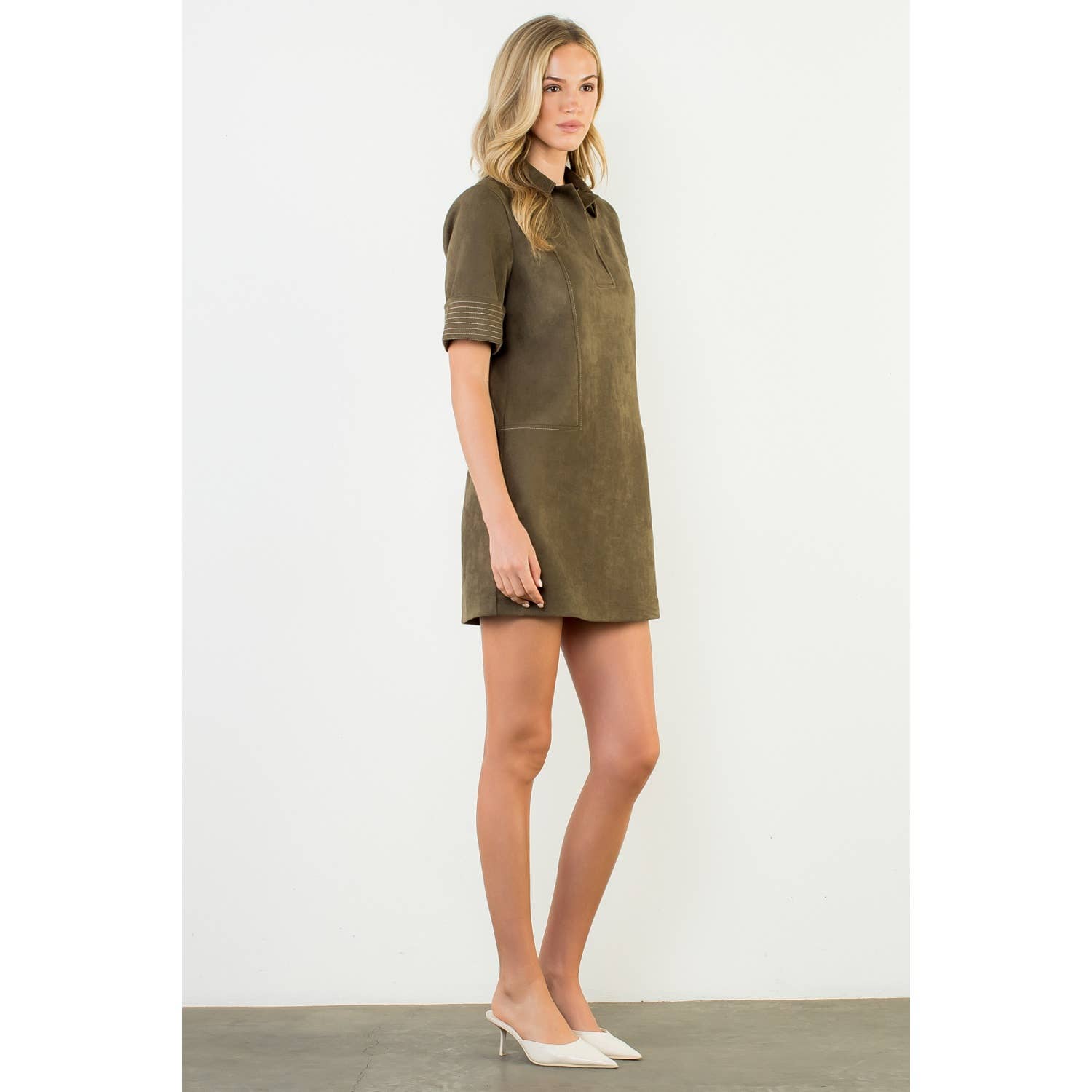 Short Sleeve Collared Suede Dress