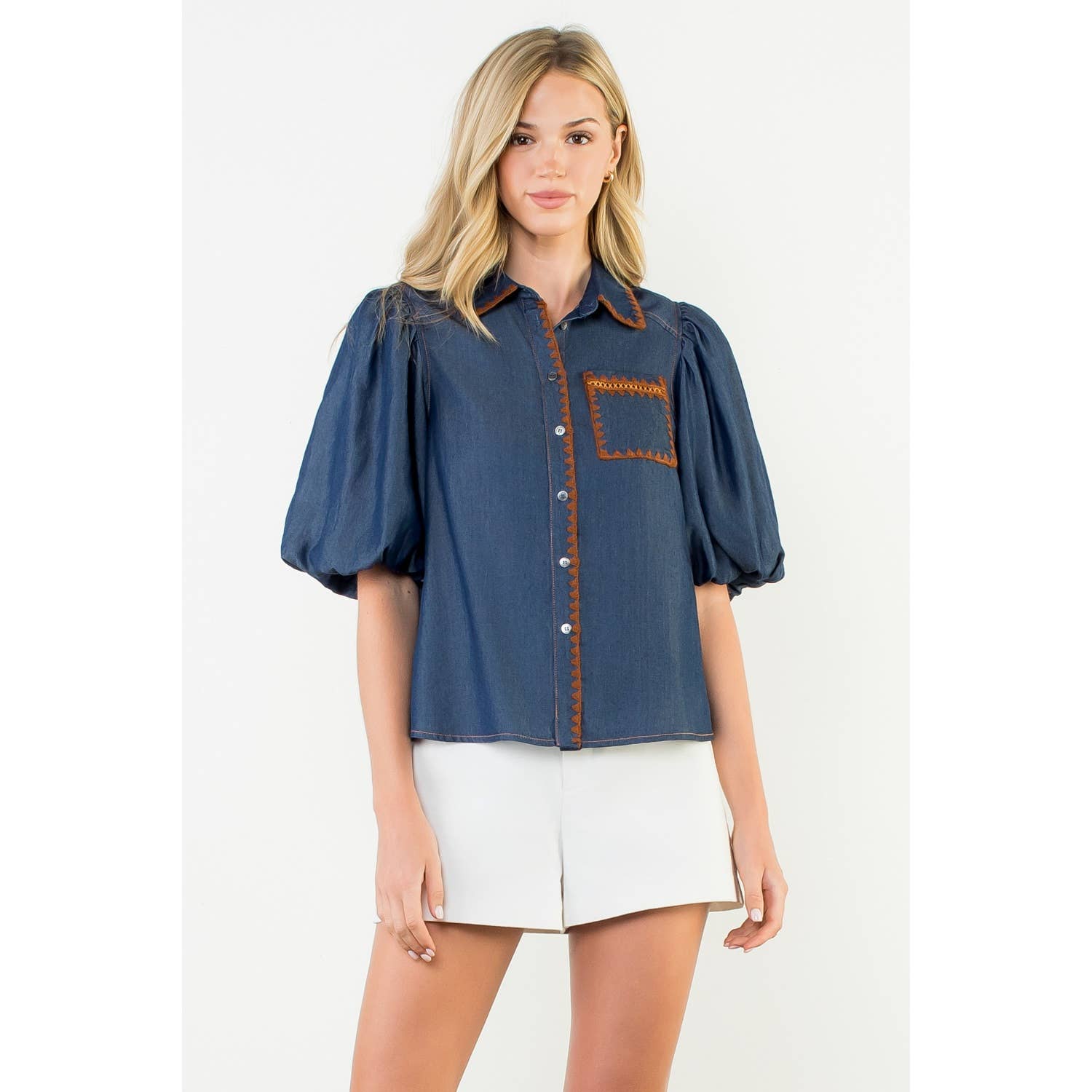 Puff Sleeve Denim Button Up Top