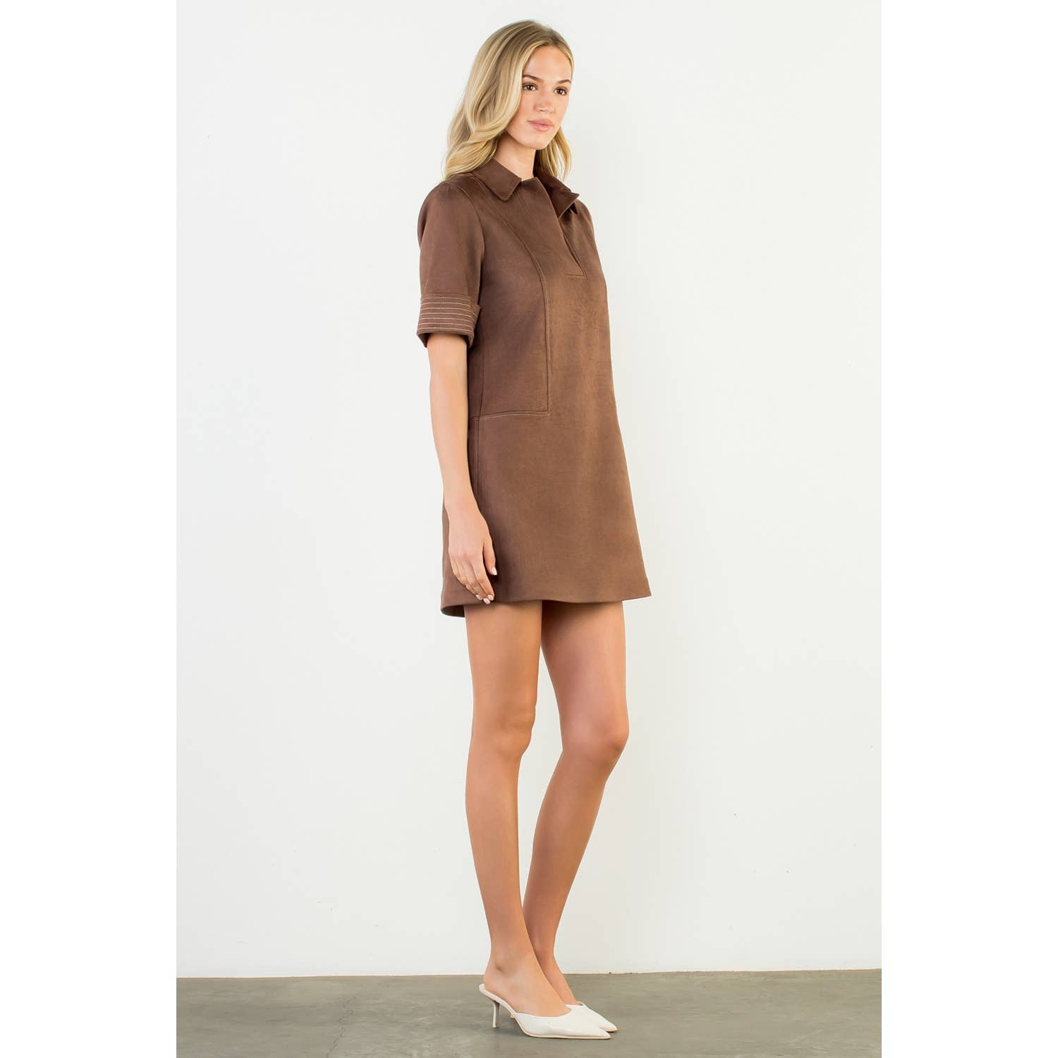 Short Sleeve Collared Suede Dress