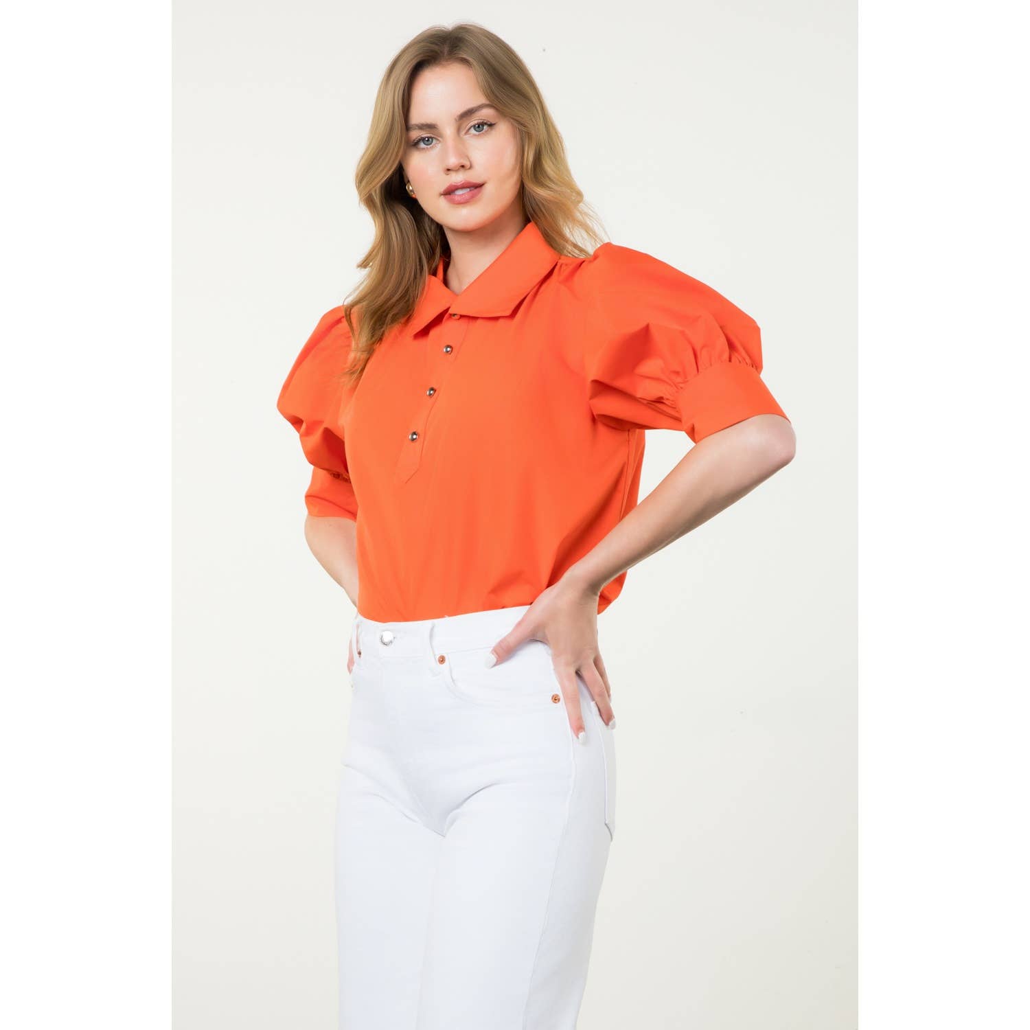 Puff Sleeve Collared Button Top