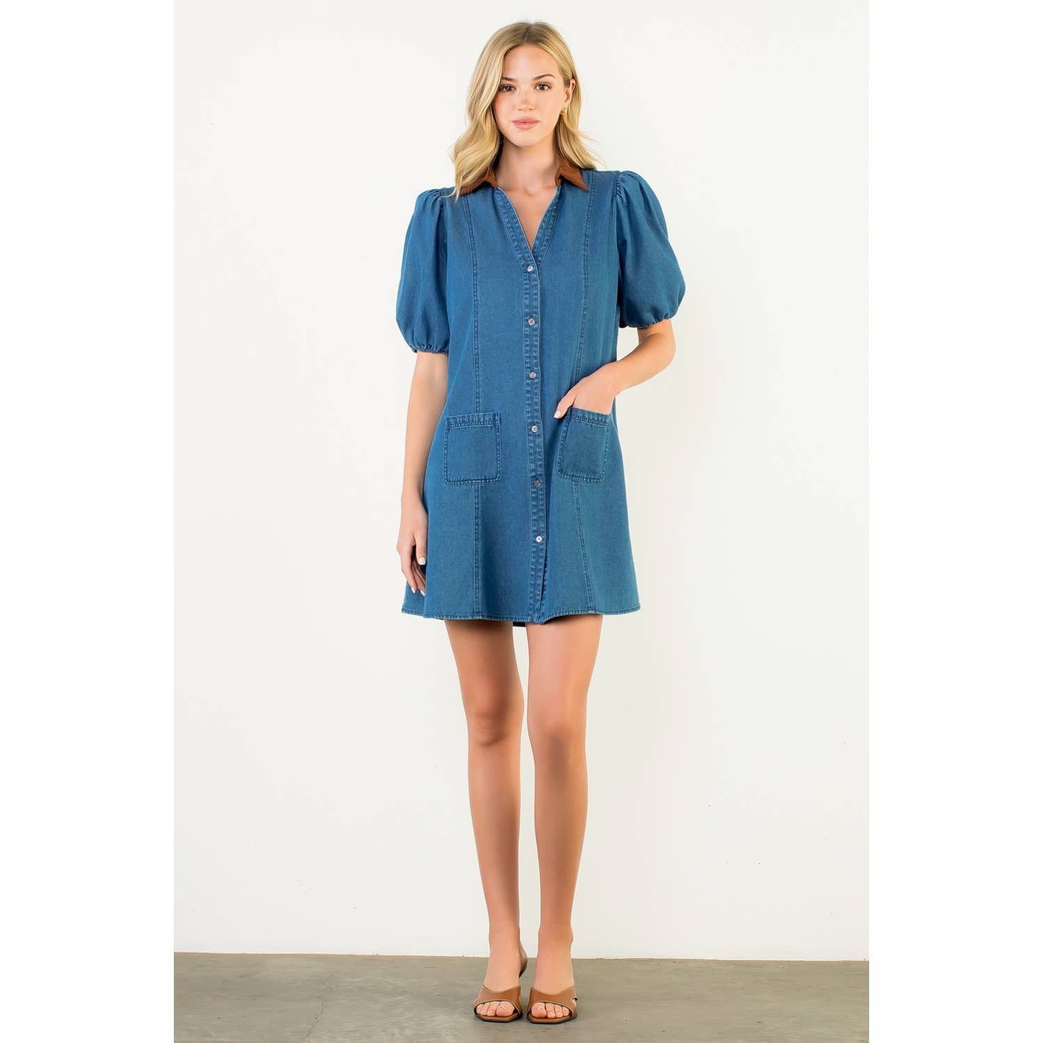 Contrast Collar Puff Sleeve Denim Dress