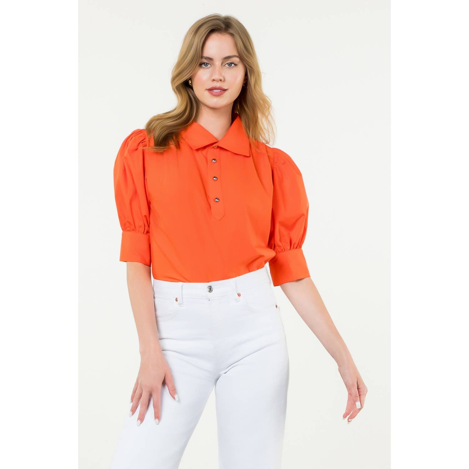 Puff Sleeve Collared Button Top