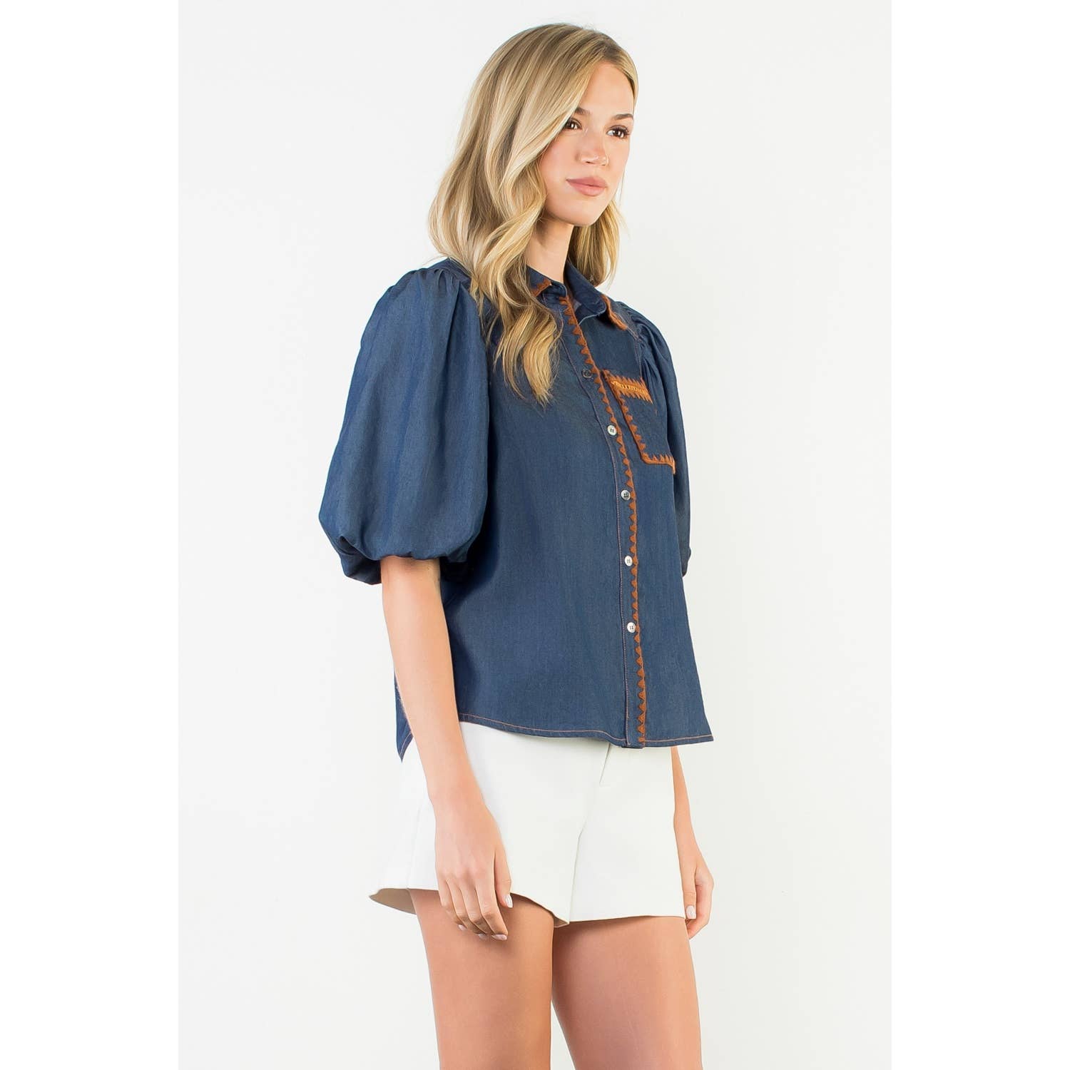 Puff Sleeve Denim Button Up Top