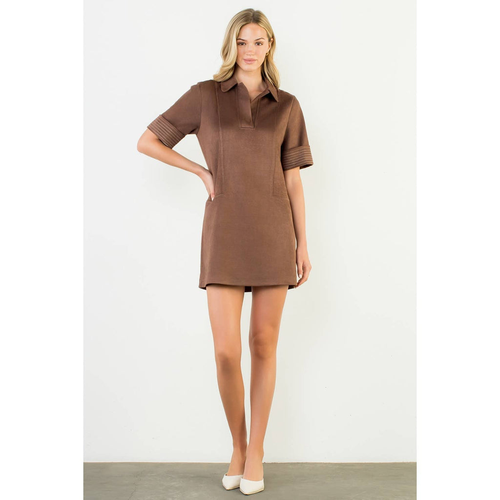 Short Sleeve Collared Suede Dress