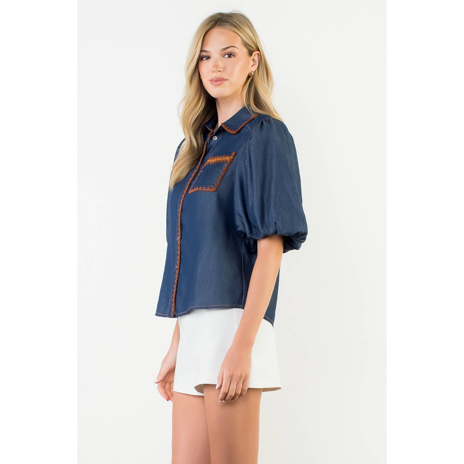 Puff Sleeve Denim Button Up Top