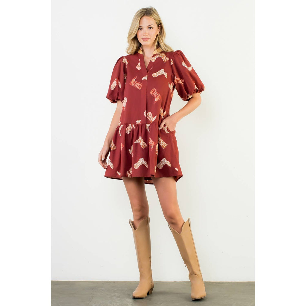 Puff Sleeve Boots Print Dress: BURGUNDY