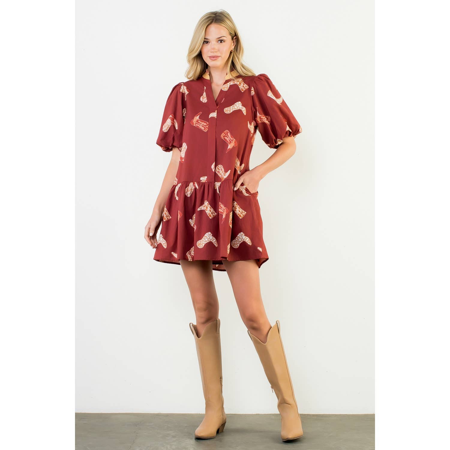 Puff Sleeve Boots Print Dress: BURGUNDY
