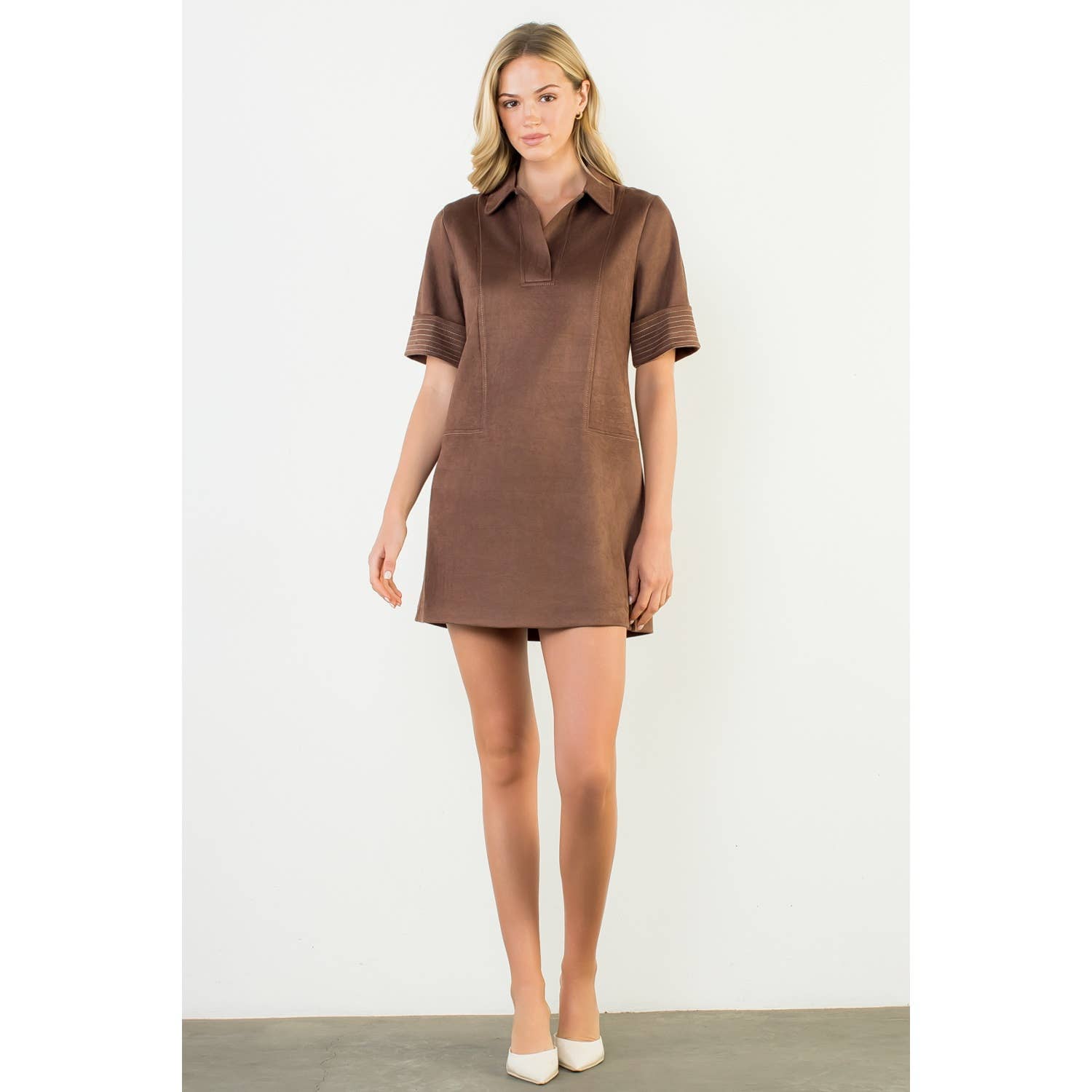 Short Sleeve Collared Suede Dress