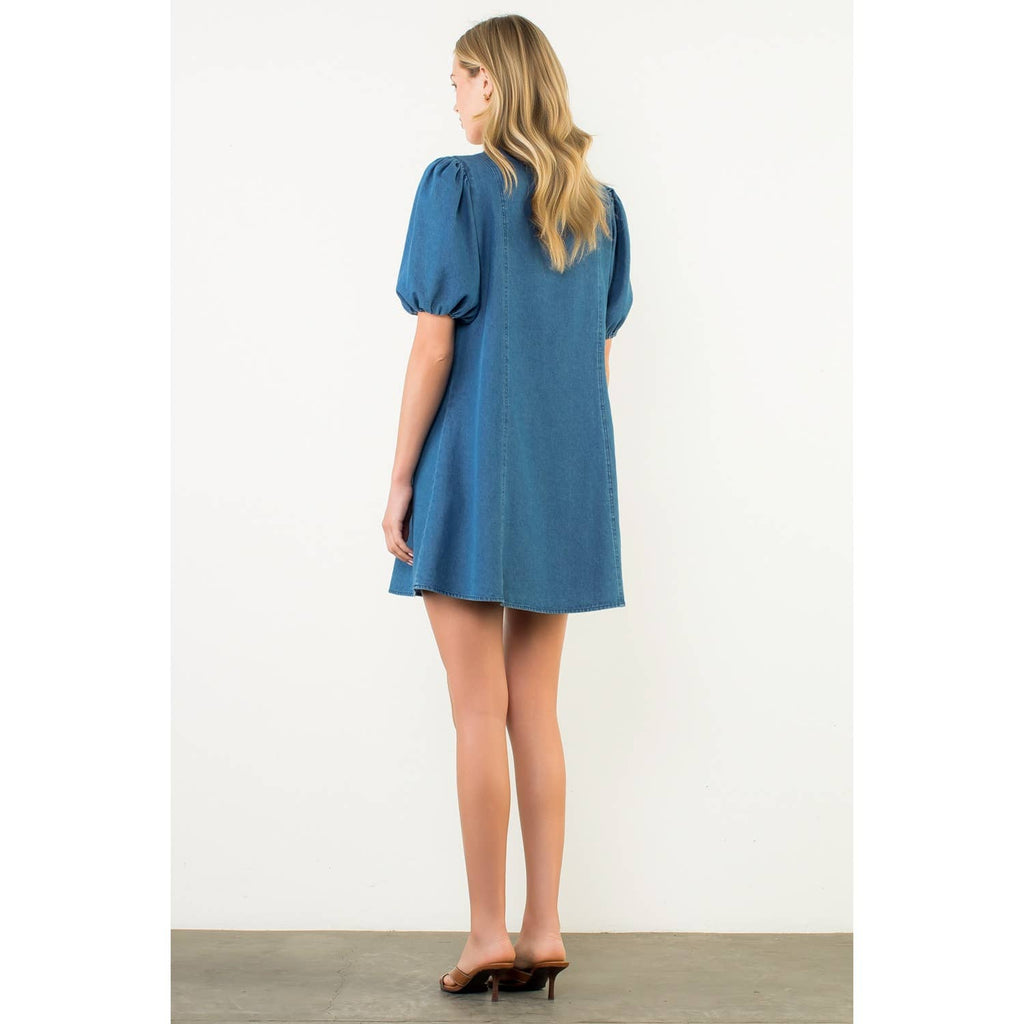 Contrast Collar Puff Sleeve Denim Dress