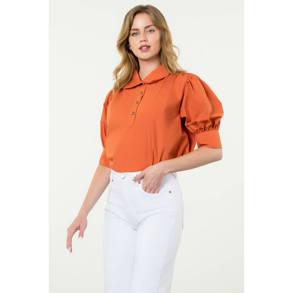 Puff Sleeve Collared Button Top