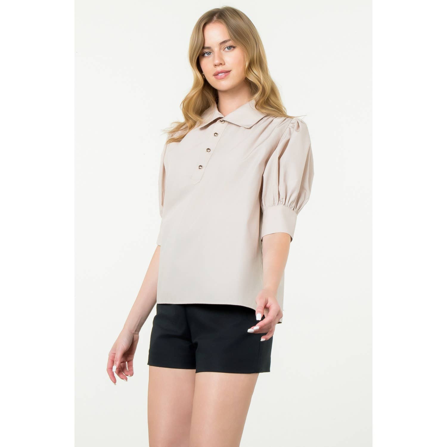 Puff Sleeve Collared Button Top