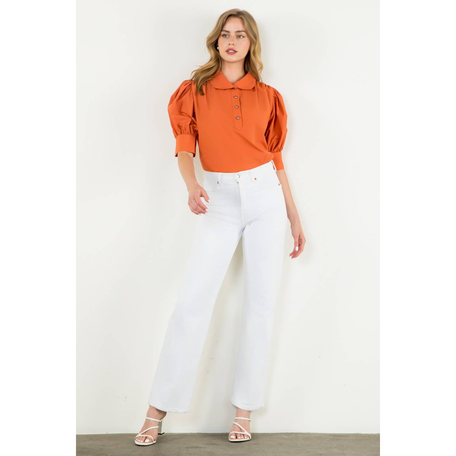 Puff Sleeve Collared Button Top