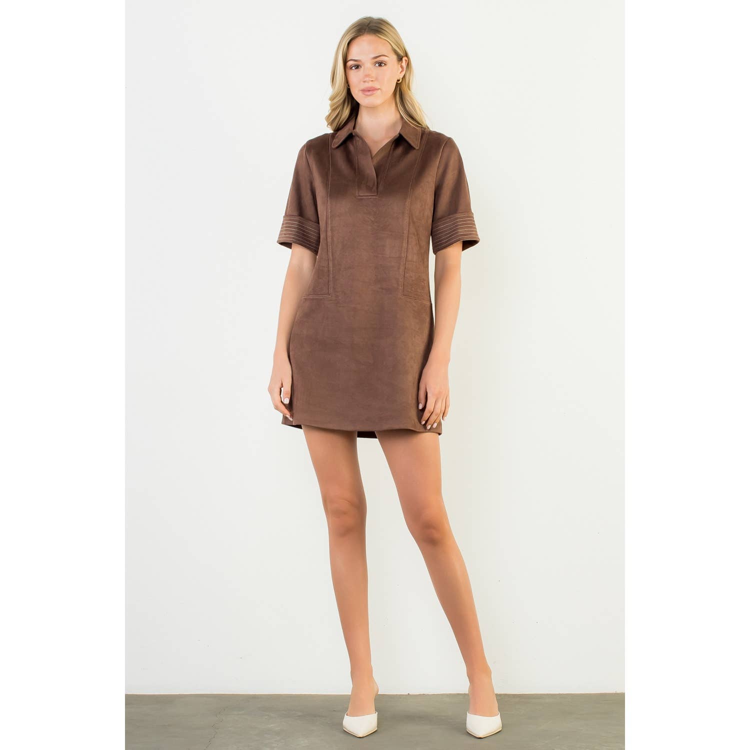Short Sleeve Collared Suede Dress