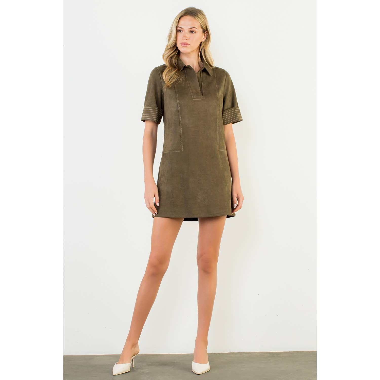 Short Sleeve Collared Suede Dress