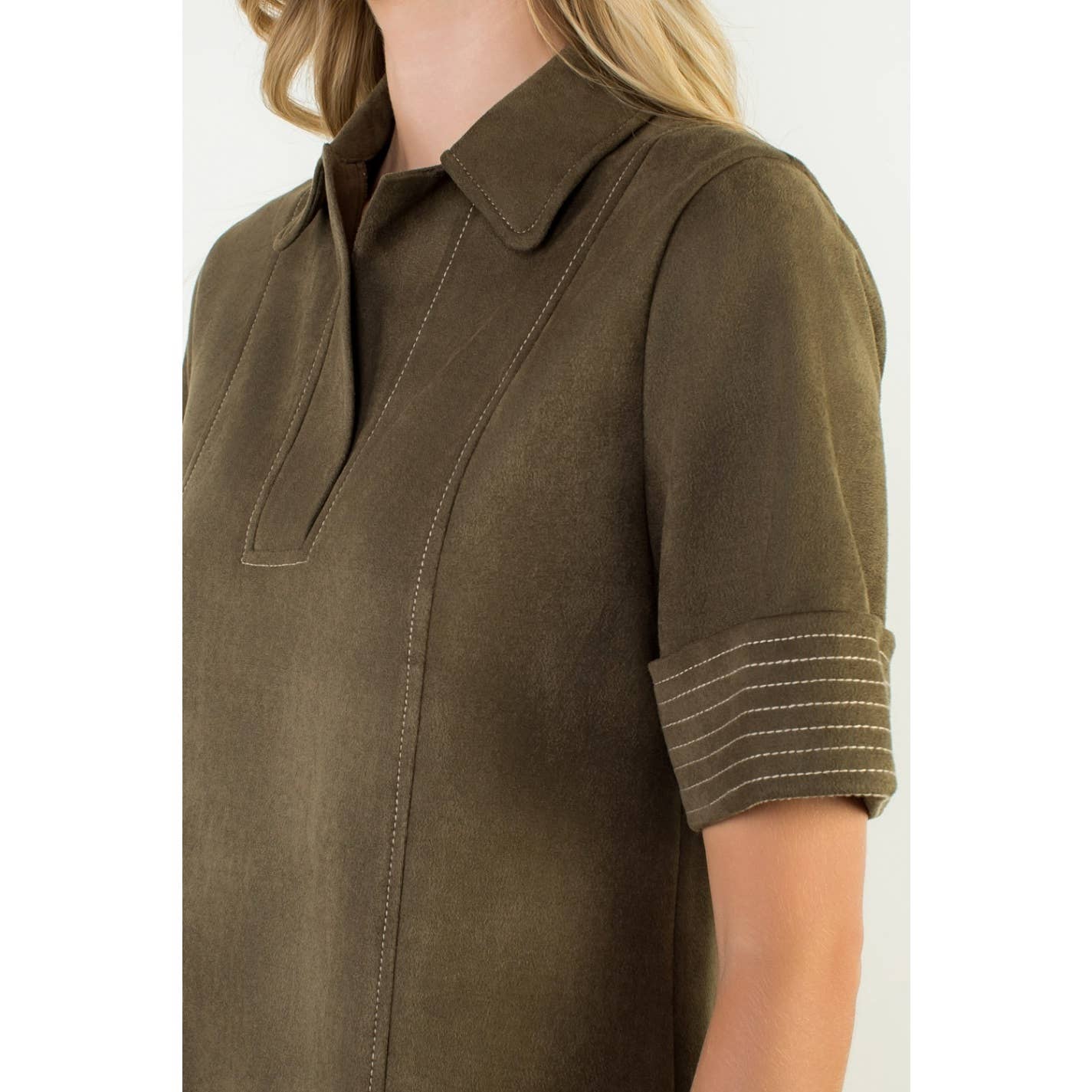 Short Sleeve Collared Suede Dress